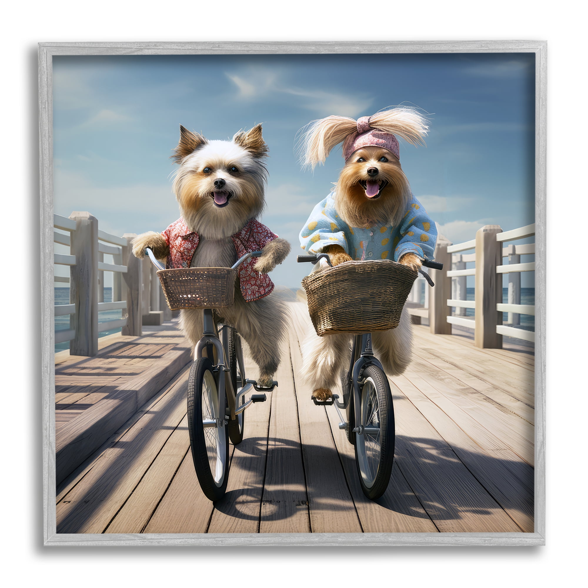 Stupell Industries Dogs on Bicycles on Pier Animals & Insects Painting Gray Framed Art Print Wall Art, 12 x 12