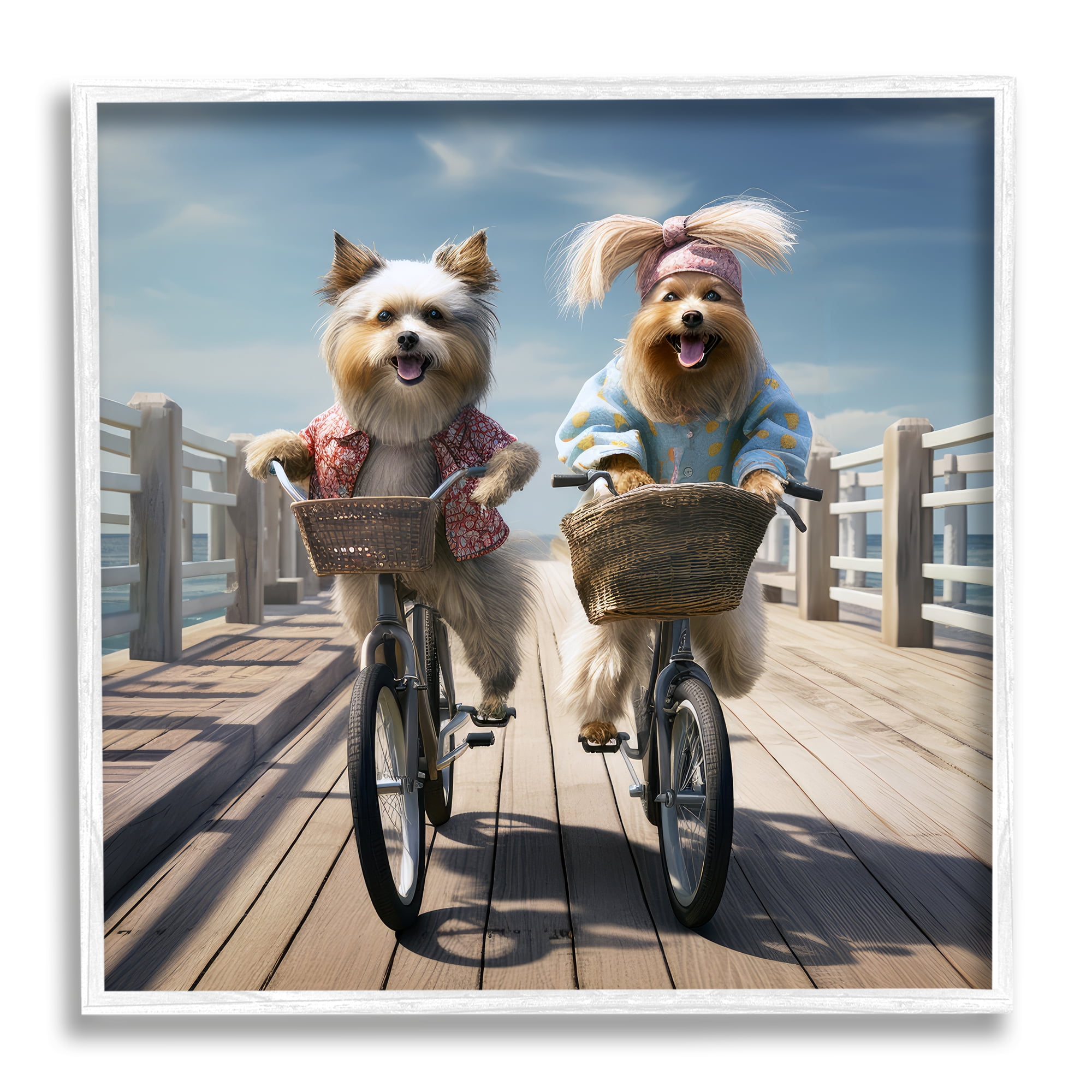 Stupell Industries Dogs on Bicycles on Pier Animals & Insects Painting White Framed Art Print Wall Art, 24 x 24