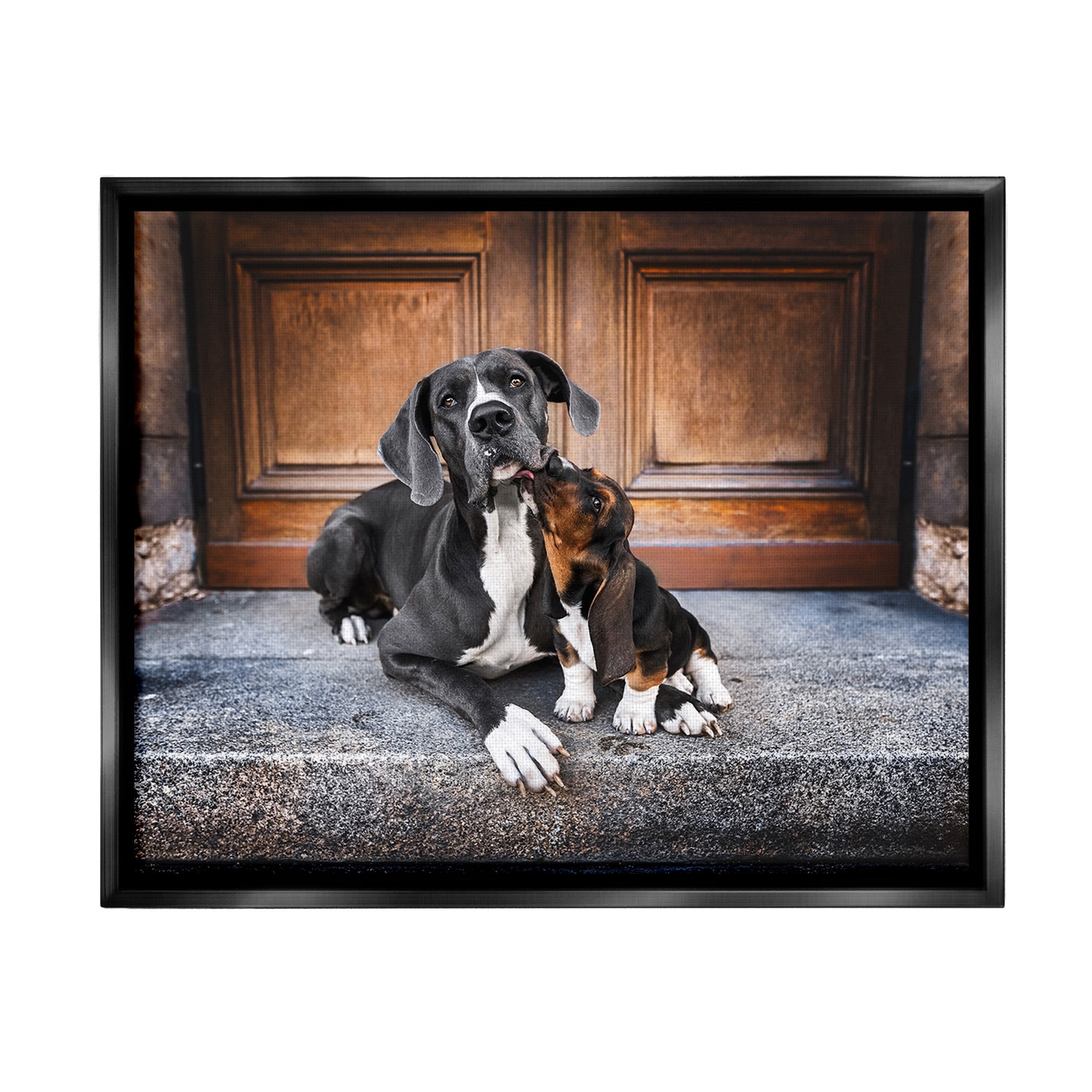 Stupell Industries Dogs on Doorstep Animals & Insects Painting Black Floater Framed Canvas Art Print Wall Art, 31 x 25