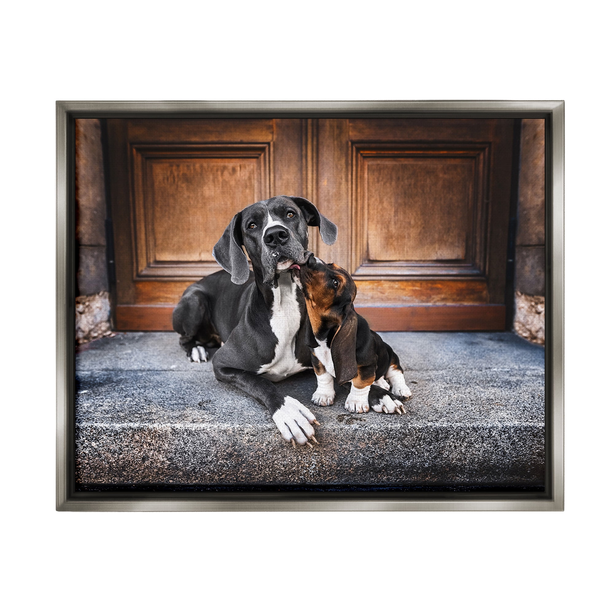 Stupell Industries Dogs on Doorstep Animals & Insects Painting Gray Floater Framed Canvas Art Print Wall Art, 21 x 17