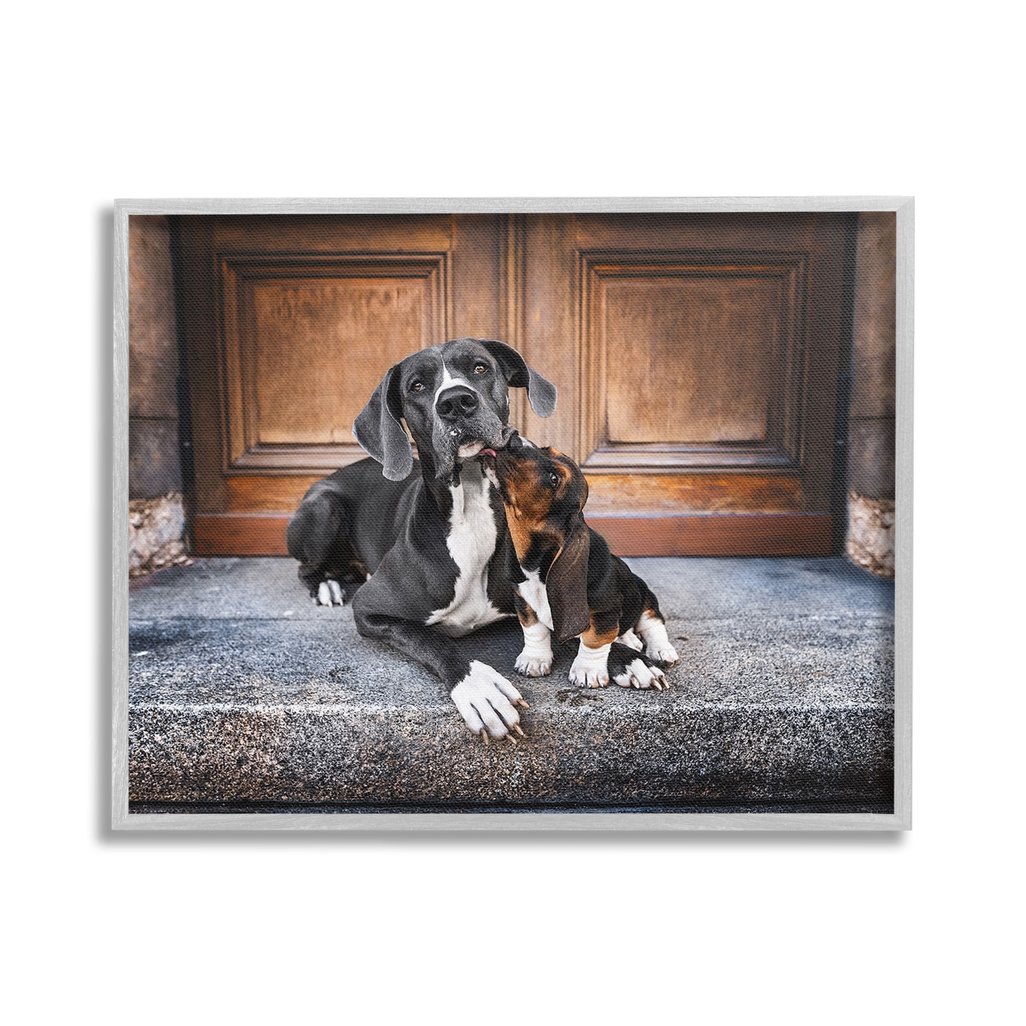 Stupell Industries Dogs on Doorstep Animals & Insects Painting Gray Framed Art Print Wall Art, 30 x 24