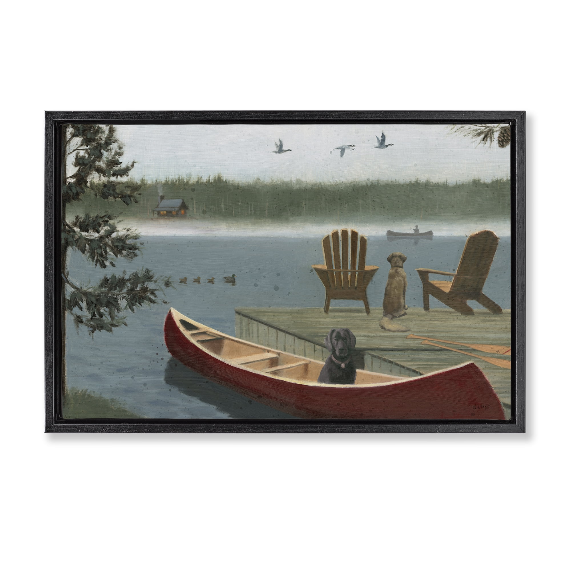 Stupell Industries Dogs on Lake Dock Landscape & Nature Painting Black Floater Framed Canvas Art Print Wall Art, 31 x 21