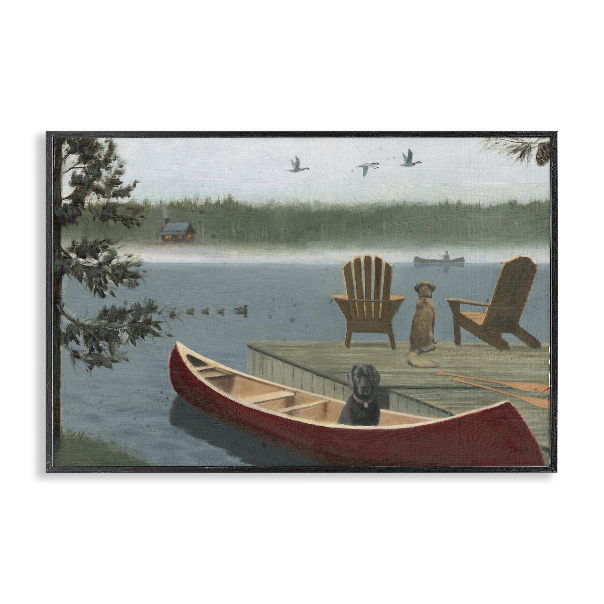 Stupell Industries Dogs on Lake Dock Landscape & Nature Painting Black Framed Art Print Wall Art, 30 x 20