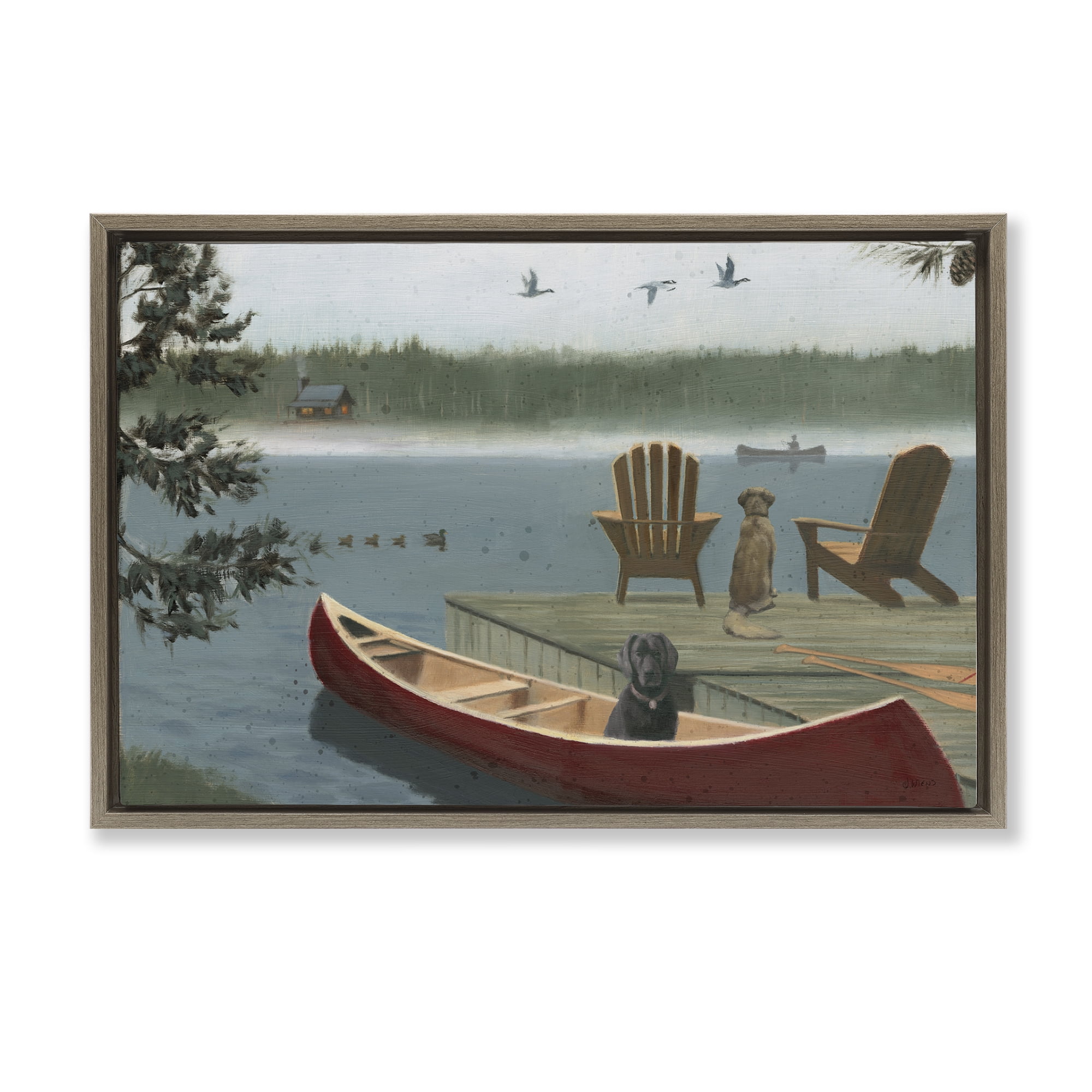 Stupell Industries Dogs on Lake Dock Landscape & Nature Painting Brown Floater Framed Canvas Art Print Wall Art, 25 x 17