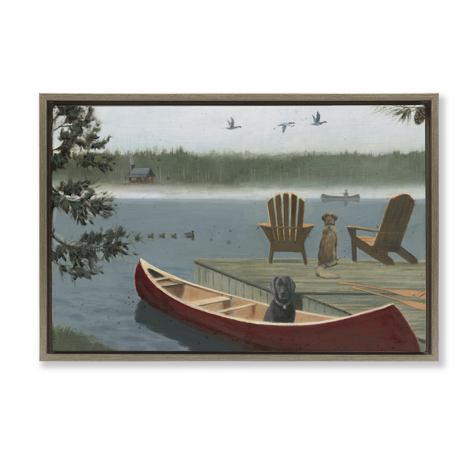 Stupell Industries Dogs on Lake Dock Landscape & Nature Painting Brown Floater Framed Canvas Art Print Wall Art, 31 x 21