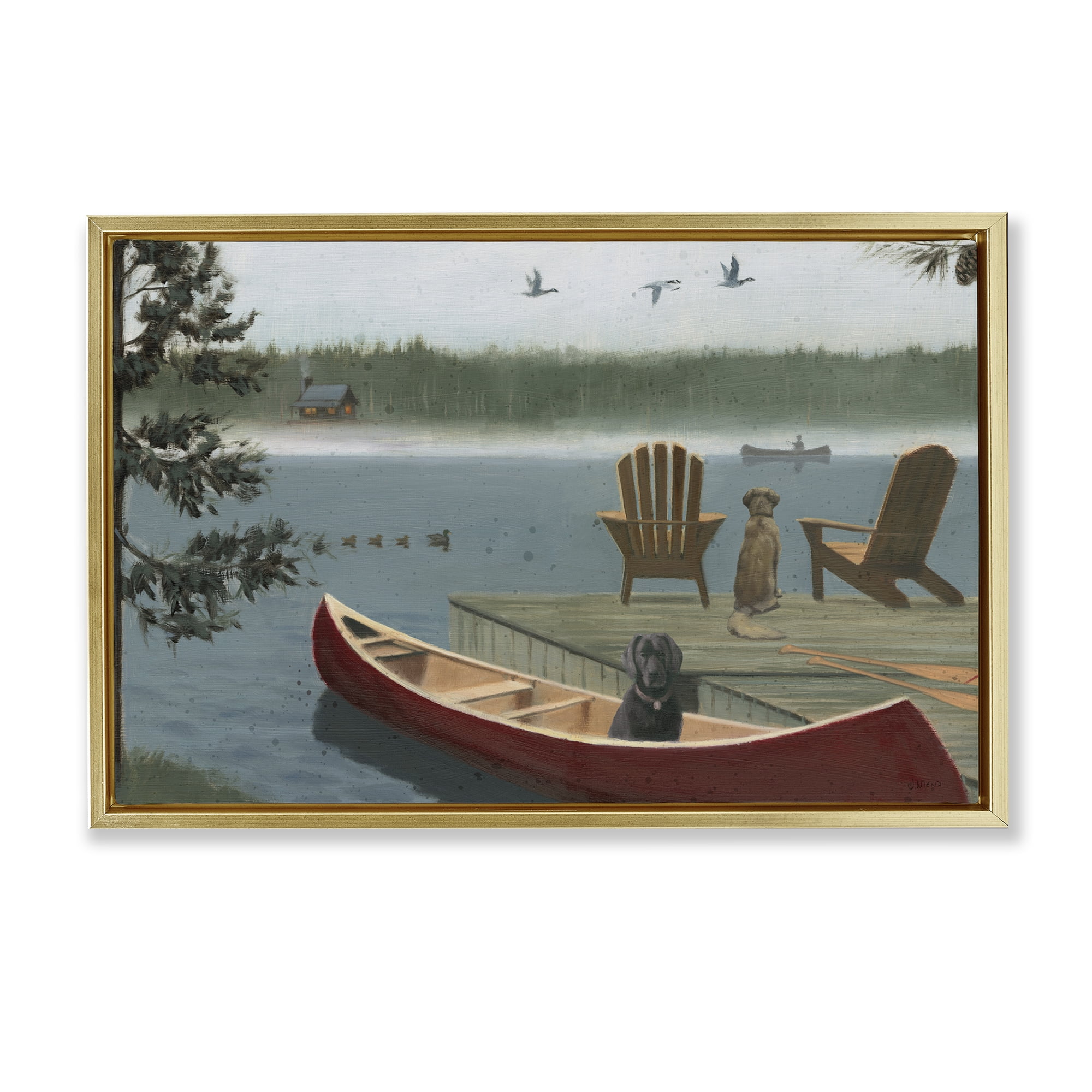 Stupell Industries Dogs on Lake Dock Landscape & Nature Painting Gold Floater Framed Canvas Art Print Wall Art, 31 x 21
