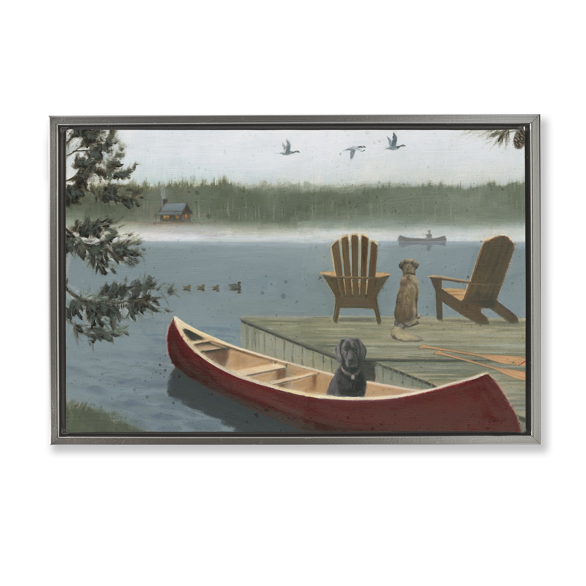 Stupell Industries Dogs on Lake Dock Landscape & Nature Painting Gray Floater Framed Canvas Art Print Wall Art, 31 x 21