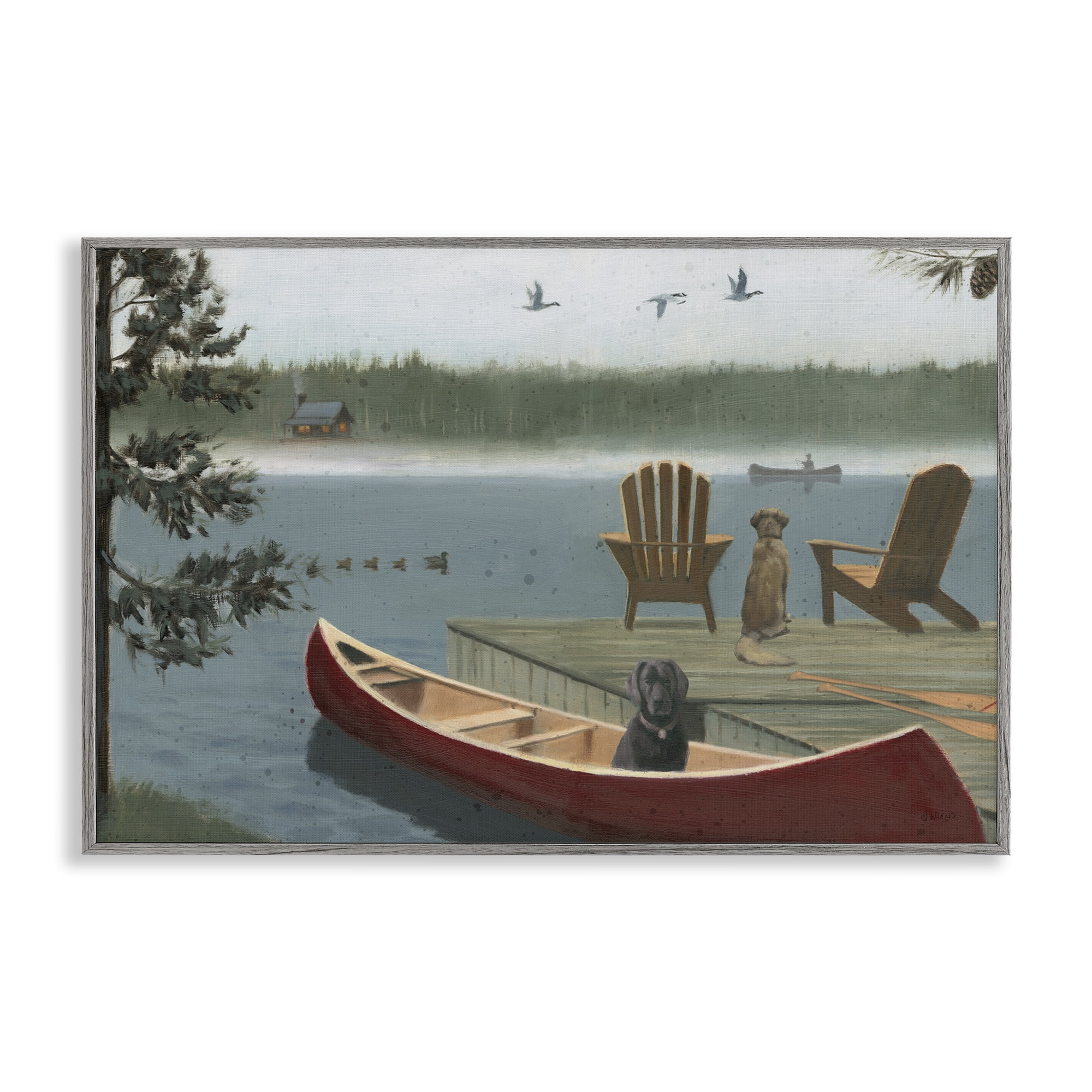 Stupell Industries Dogs on Lake Dock Landscape & Nature Painting Gray Framed Art Print Wall Art, 30 x 20