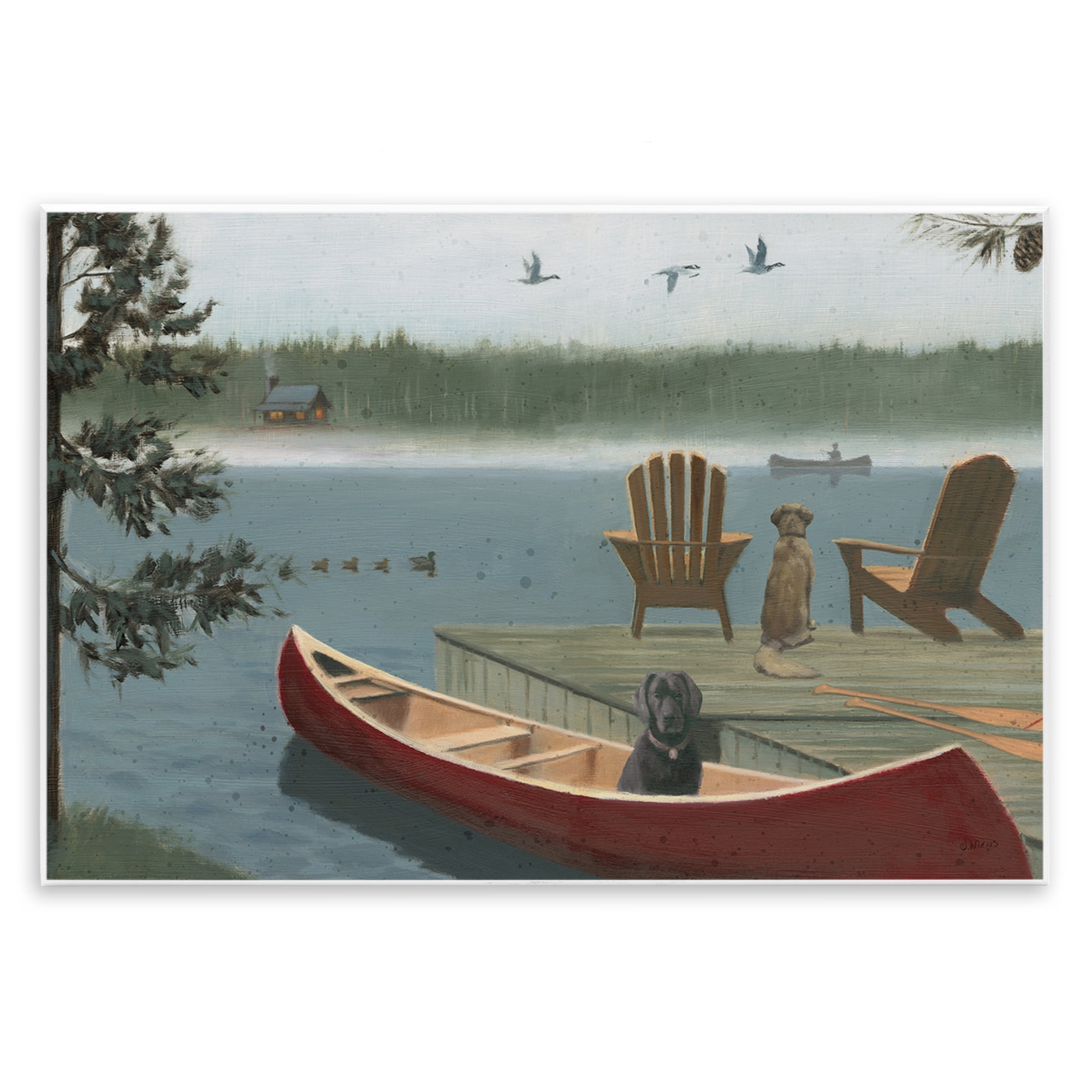 Stupell Industries Dogs on Lake Dock Landscape & Nature Painting Unframed Art Print Wall Art, 19 x 13