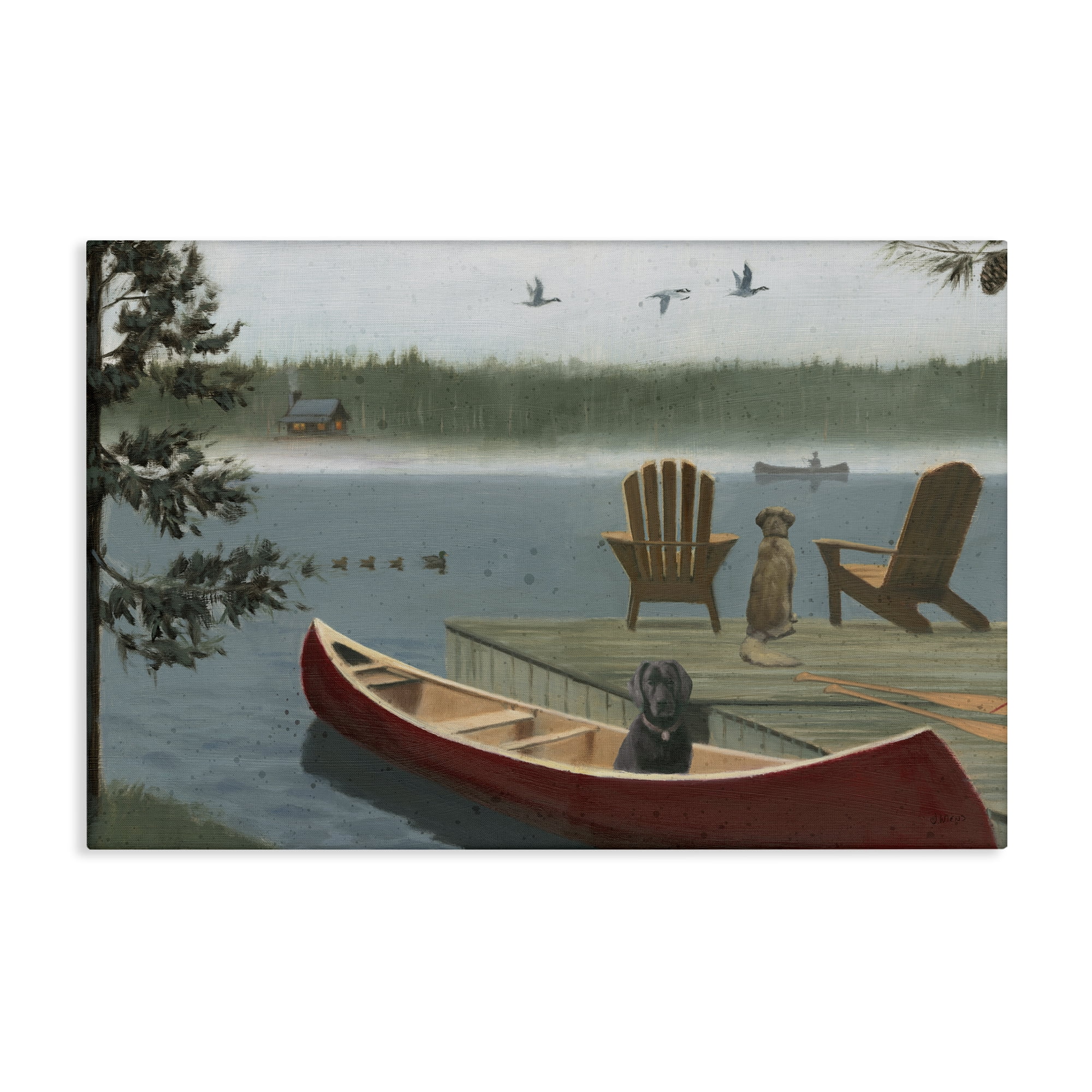 Stupell Industries Dogs on Lake Dock Landscape & Nature Painting Wrapped Canvas Art Print Wall Art, 24 x 16