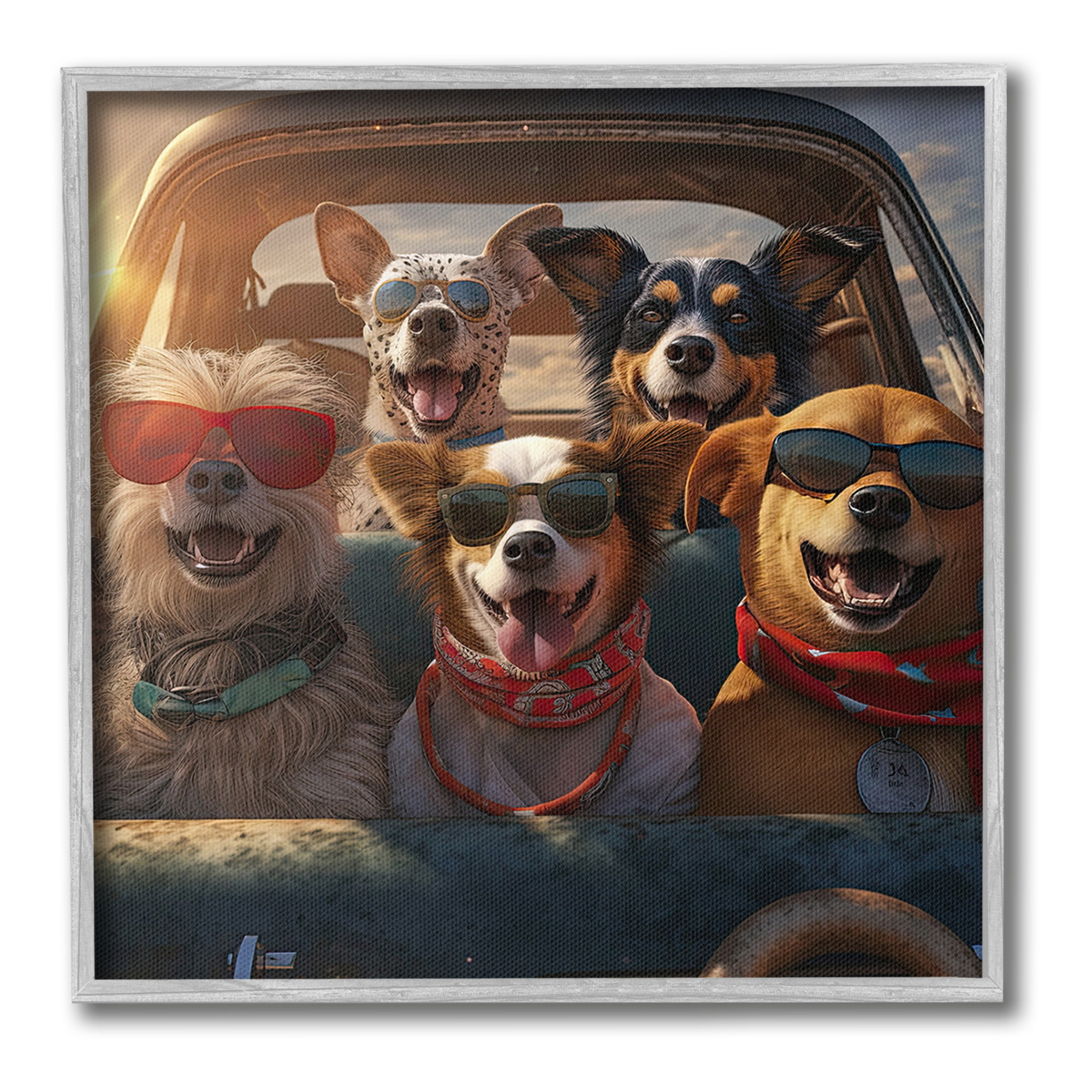 Stupell Industries Dogs on Road Trip Animals & Insects Painting Gray Framed Art Print Wall Art, 12 x 12