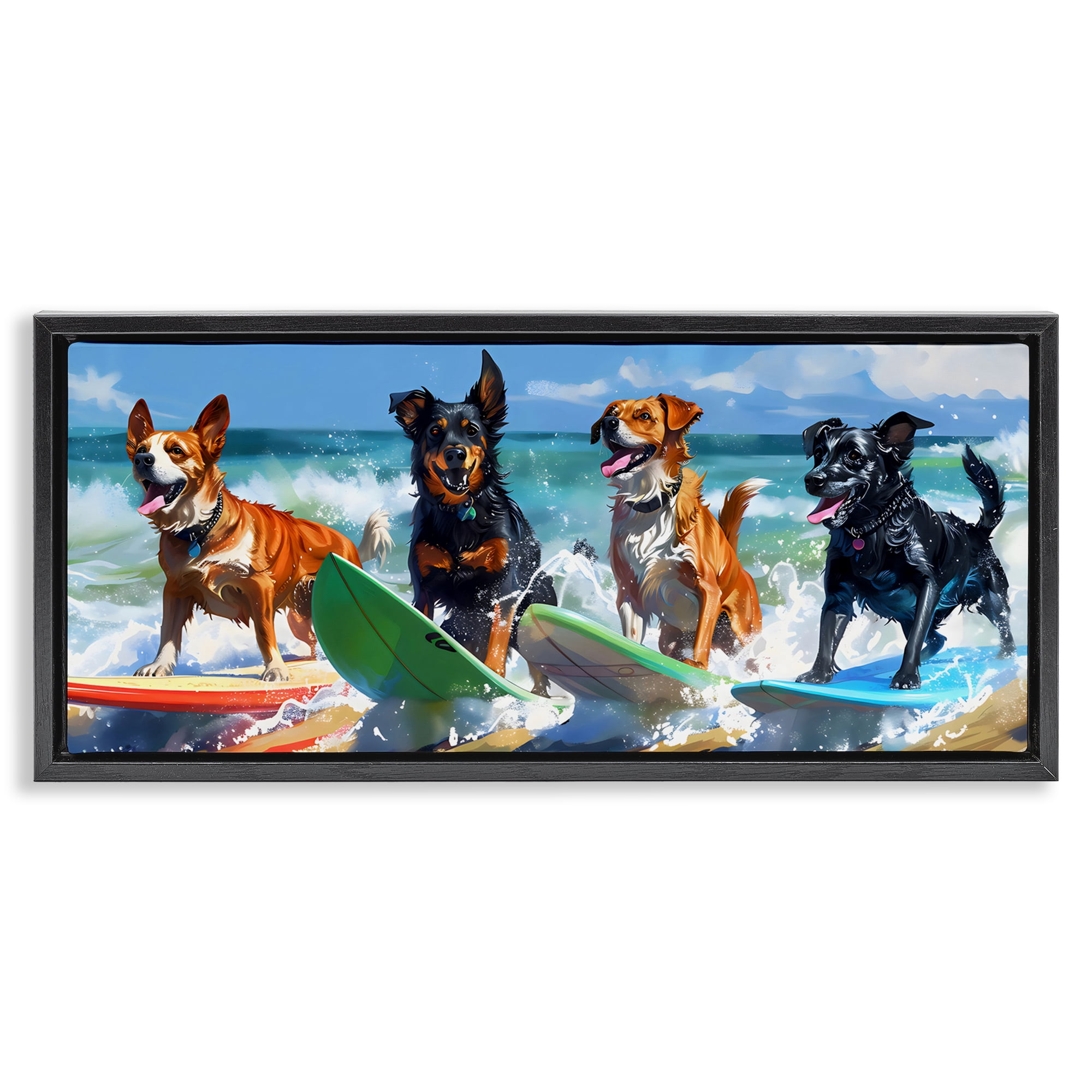 Stupell Industries Dogs on Surfboards Summer Fun Black Framed Floater Canvas Wall Art, design by Creative Studio