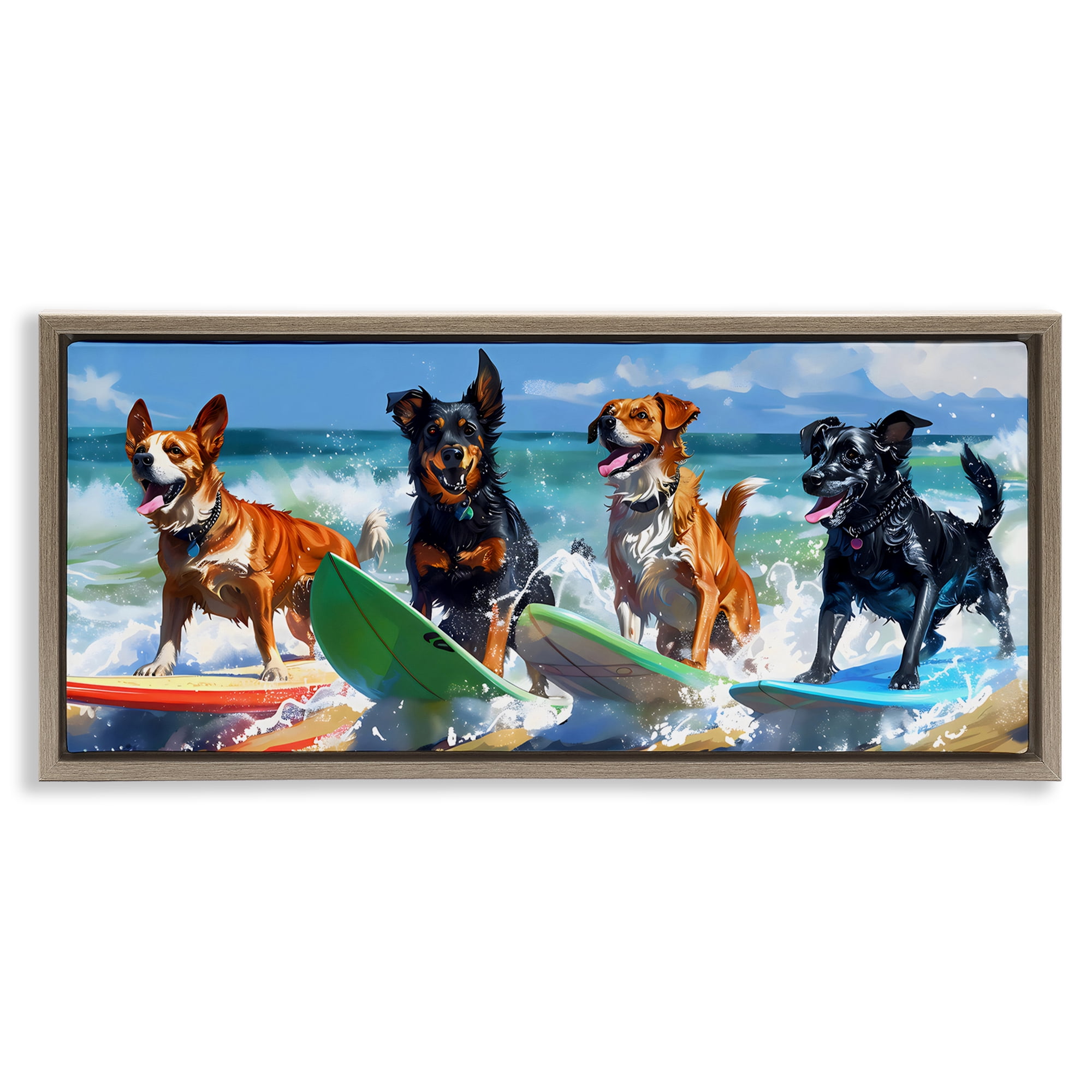 Stupell Industries Dogs on Surfboards Summer Fun Brown Framed Floater Canvas Wall Art, design by Creative Studio
