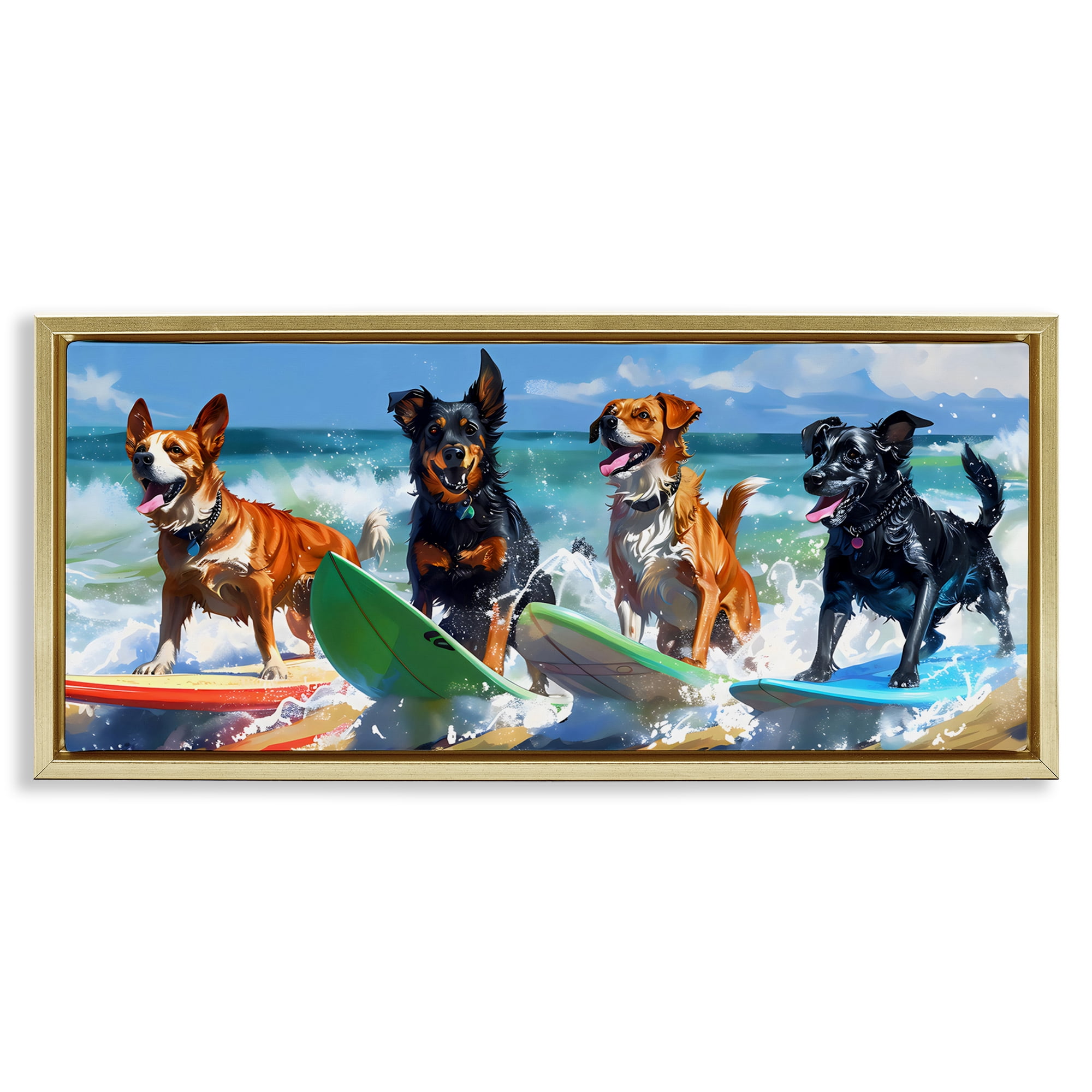 Stupell Industries Dogs on Surfboards Summer Fun Gold Framed Floater Canvas Wall Art, design by Creative Studio