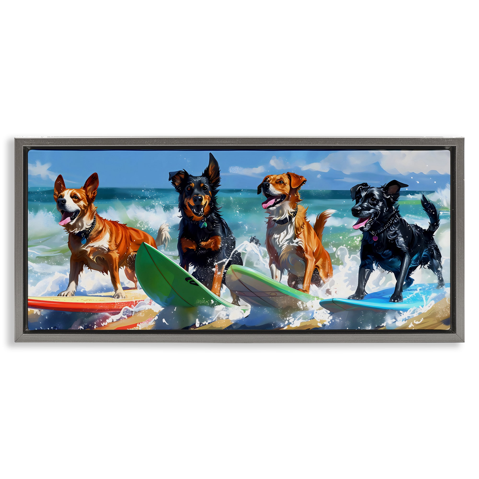 Stupell Industries Dogs on Surfboards Summer Fun Gray Framed Floater Canvas Wall Art, design by Creative Studio
