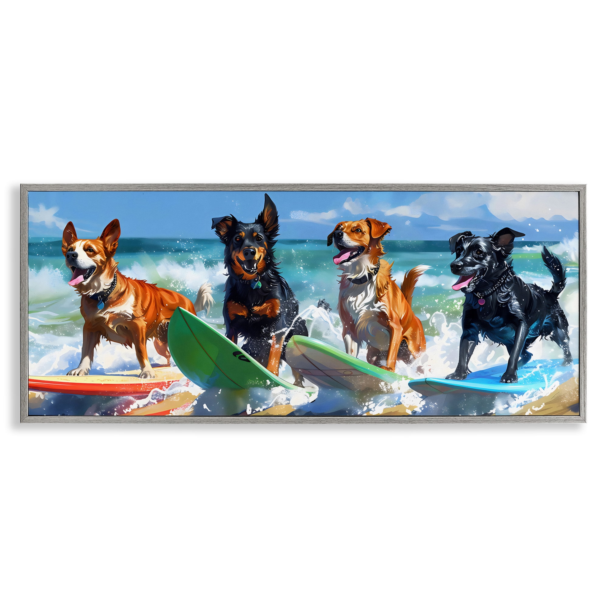 Stupell Industries Dogs on Surfboards Summer Fun Gray Framed Giclee Art, design by Creative Studio