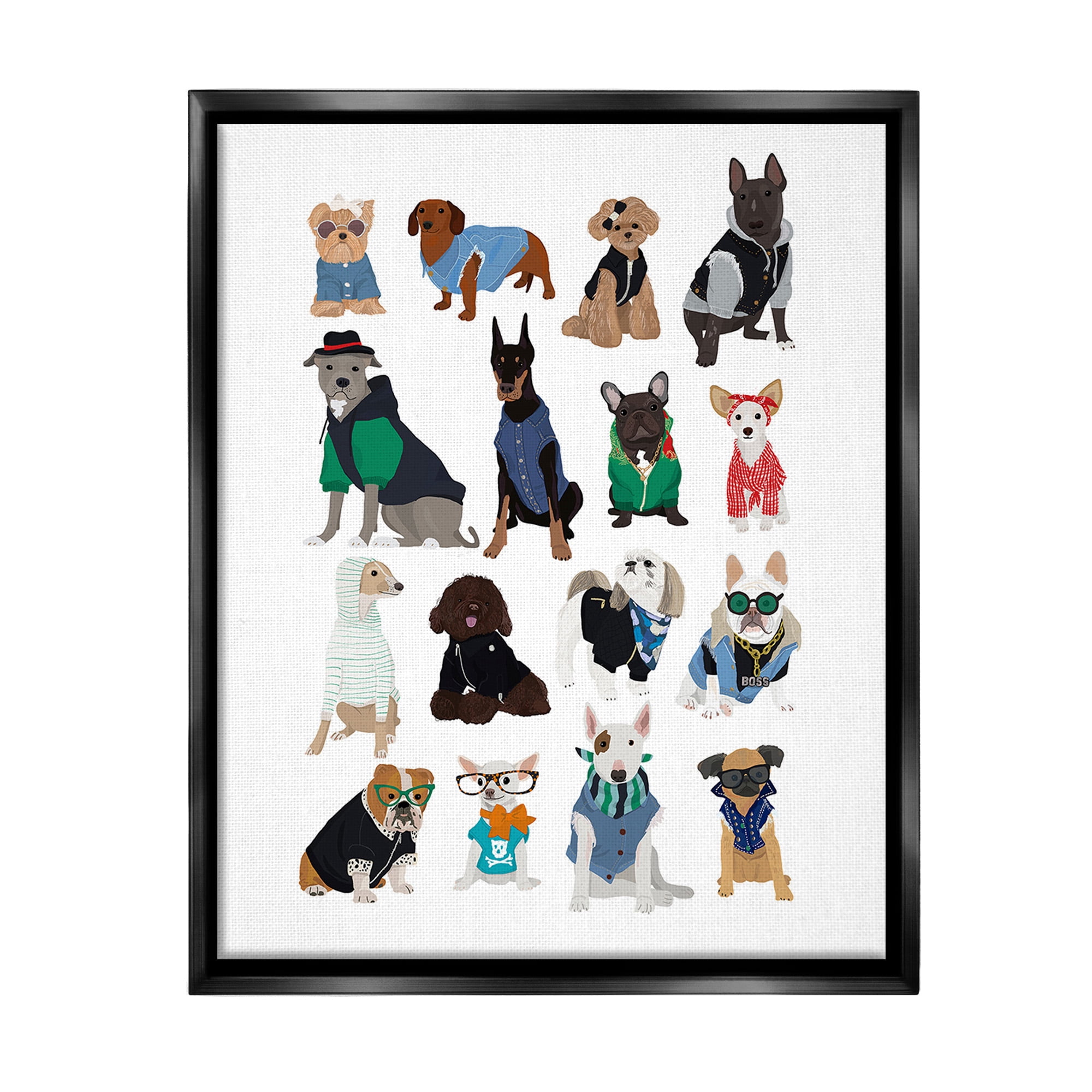 Stupell Industries Dogs with Various Fashion Animals & Insects Painting Black Floater Framed Canvas Art Print Wall Art, 25 x 31