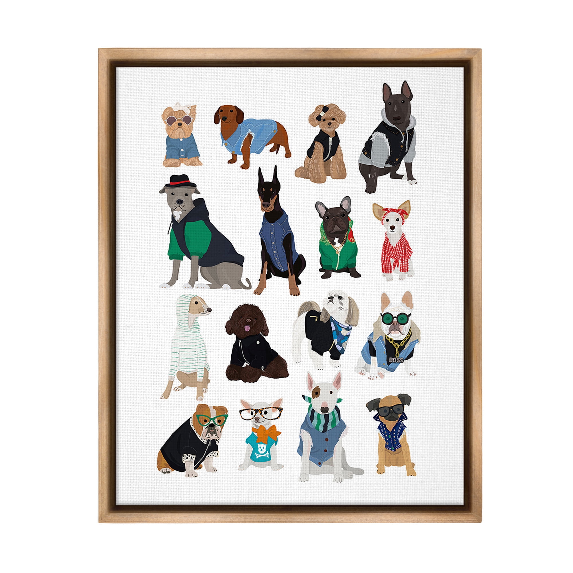 Stupell Industries Dogs with Various Fashion Animals & Insects Painting Brown Floater Framed Canvas Art Print Wall Art, 17 x 21