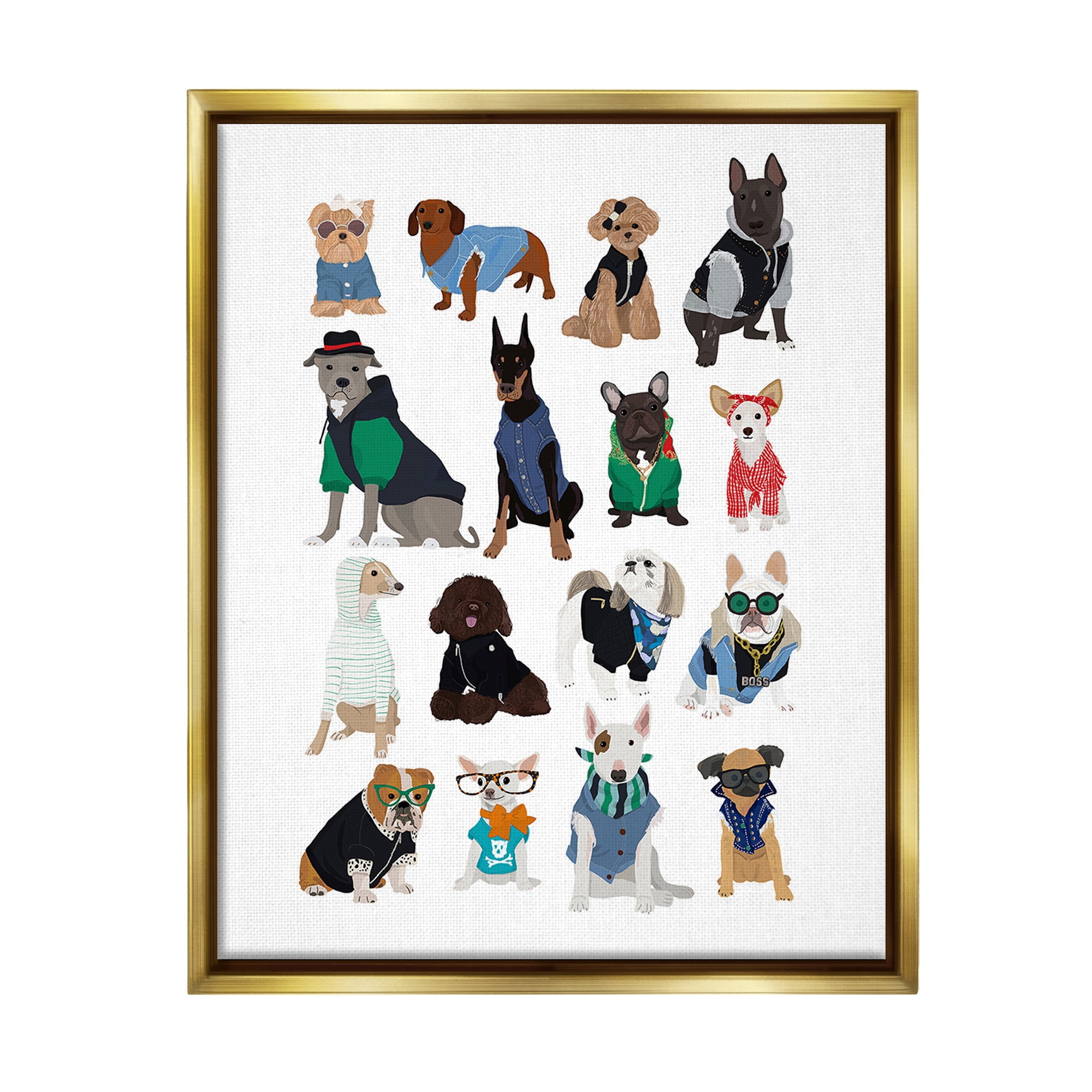 Stupell Industries Dogs with Various Fashion Animals & Insects Painting Gold Floater Framed Canvas Art Print Wall Art, 25 x 31