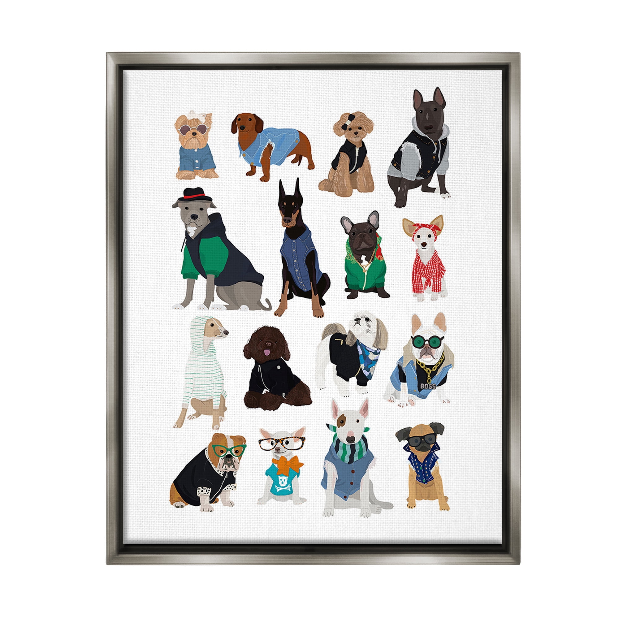 Stupell Industries Dogs with Various Fashion Animals & Insects Painting Gray Floater Framed Canvas Art Print Wall Art, 17 x 21