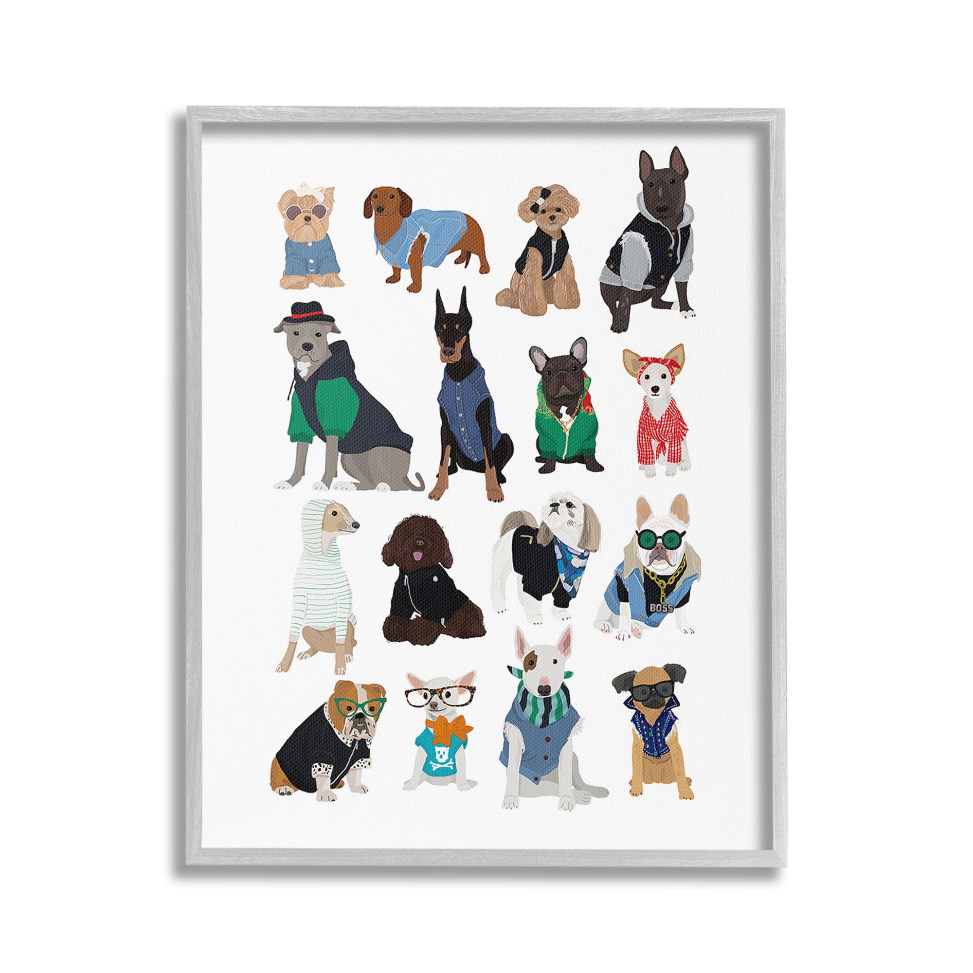 Stupell Industries Dogs with Various Fashion Animals & Insects Painting Gray Framed Art Print Wall Art, 16 x 20