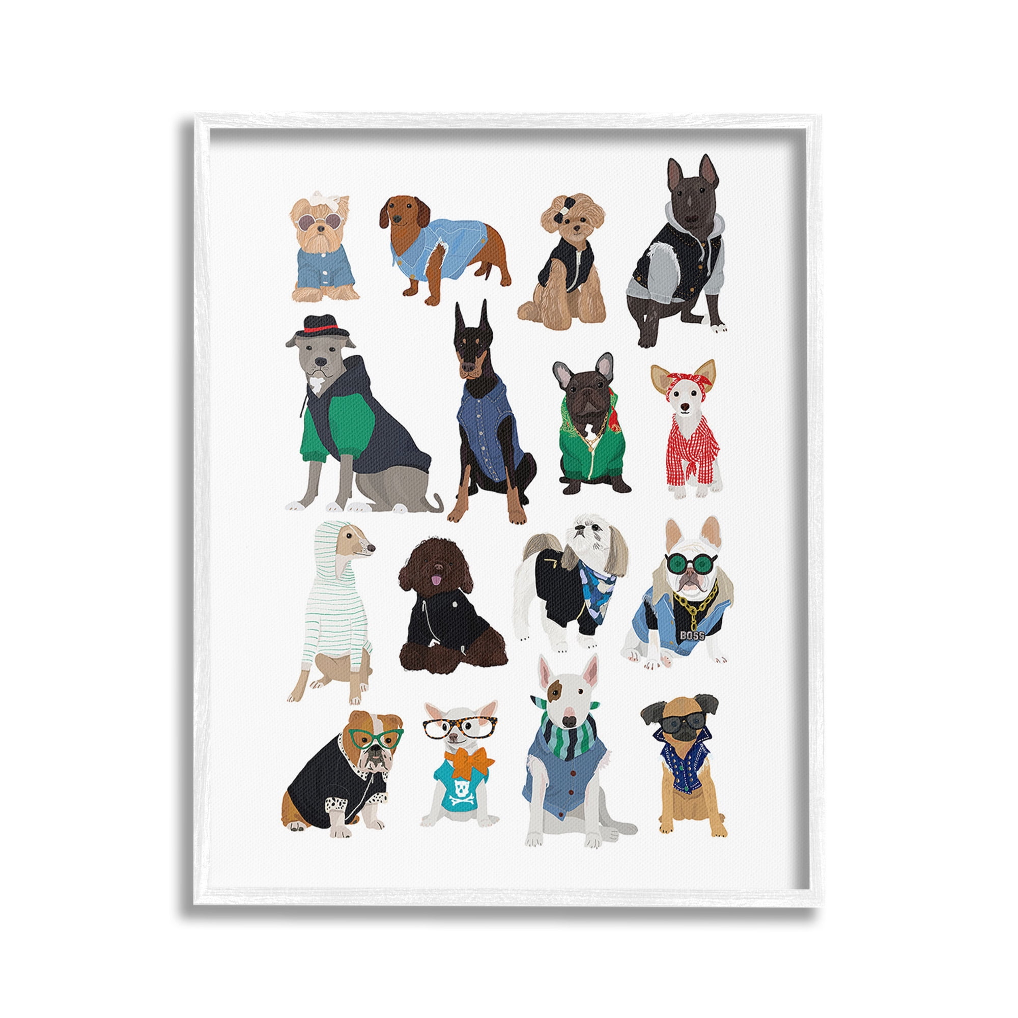 Stupell Industries Dogs with Various Fashion Animals & Insects Painting White Framed Art Print Wall Art, 16 x 20