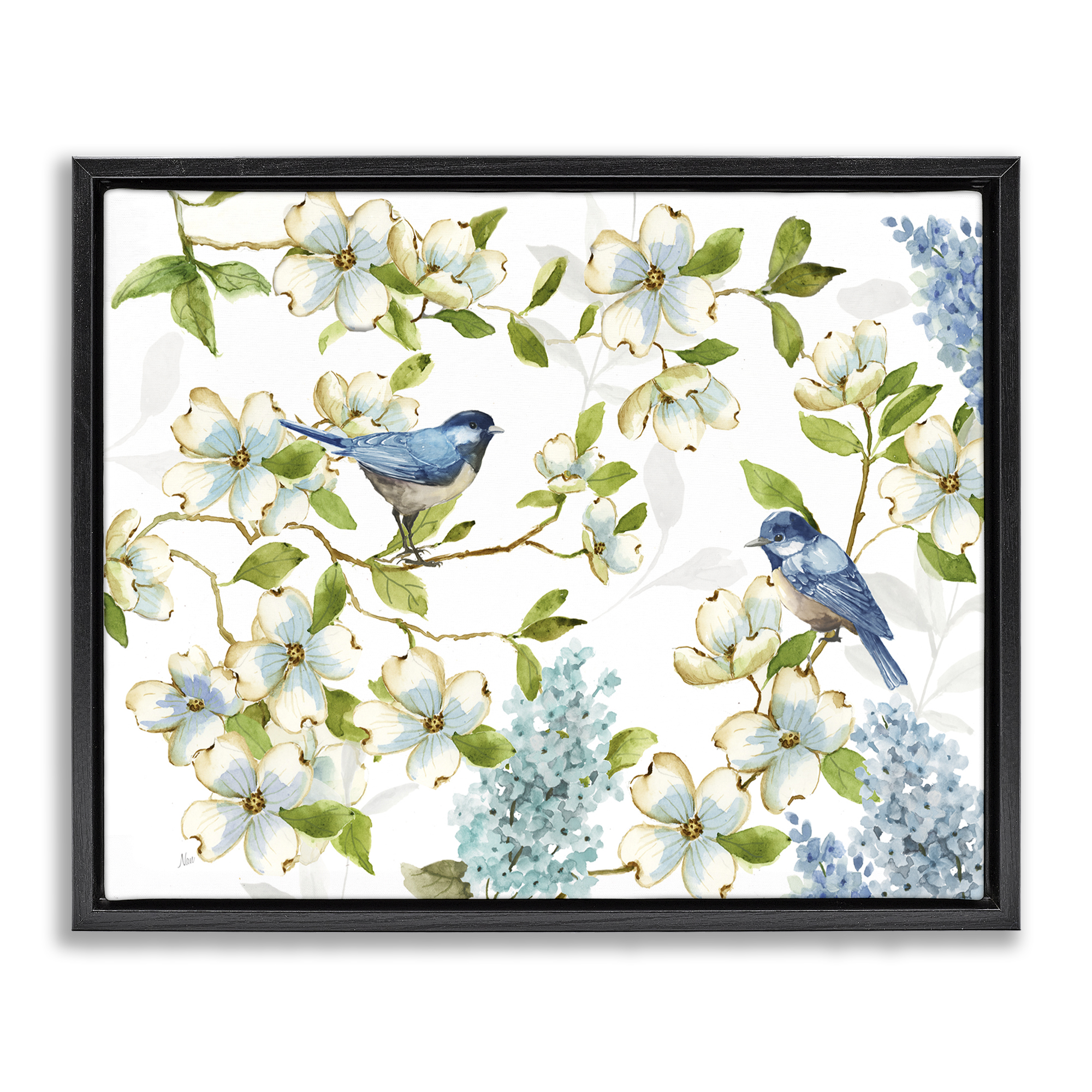 Stupell Industries Dogwood & Bluebirds Plants & Flowers Painting Black Floater Framed Canvas Art Print Wall Art, 31 x 25