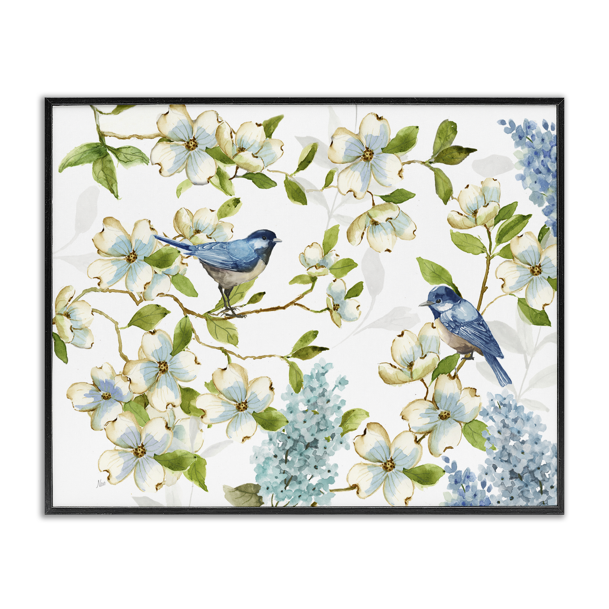 Stupell Industries Dogwood & Bluebirds Plants & Flowers Painting Black Framed Art Print Wall Art, 20 x 16