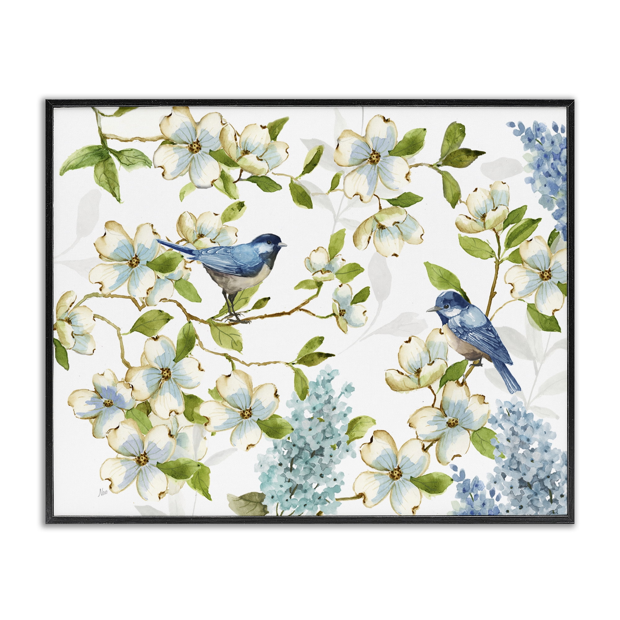 Stupell Industries Dogwood & Bluebirds Plants & Flowers Painting Black Framed Art Print Wall Art, 30 x 24