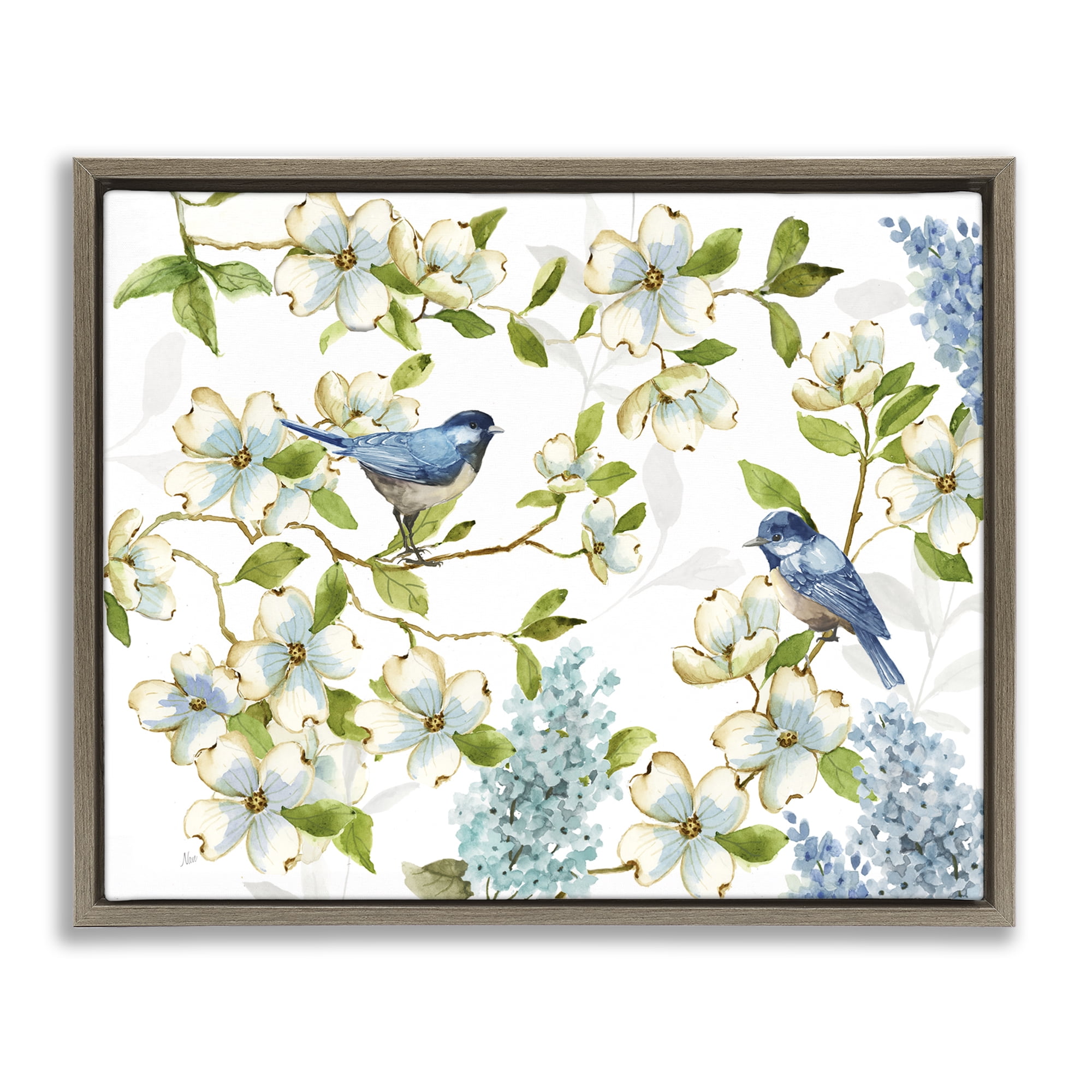 Stupell Industries Dogwood & Bluebirds Plants & Flowers Painting Brown Floater Framed Canvas Art Print Wall Art, 21 x 17