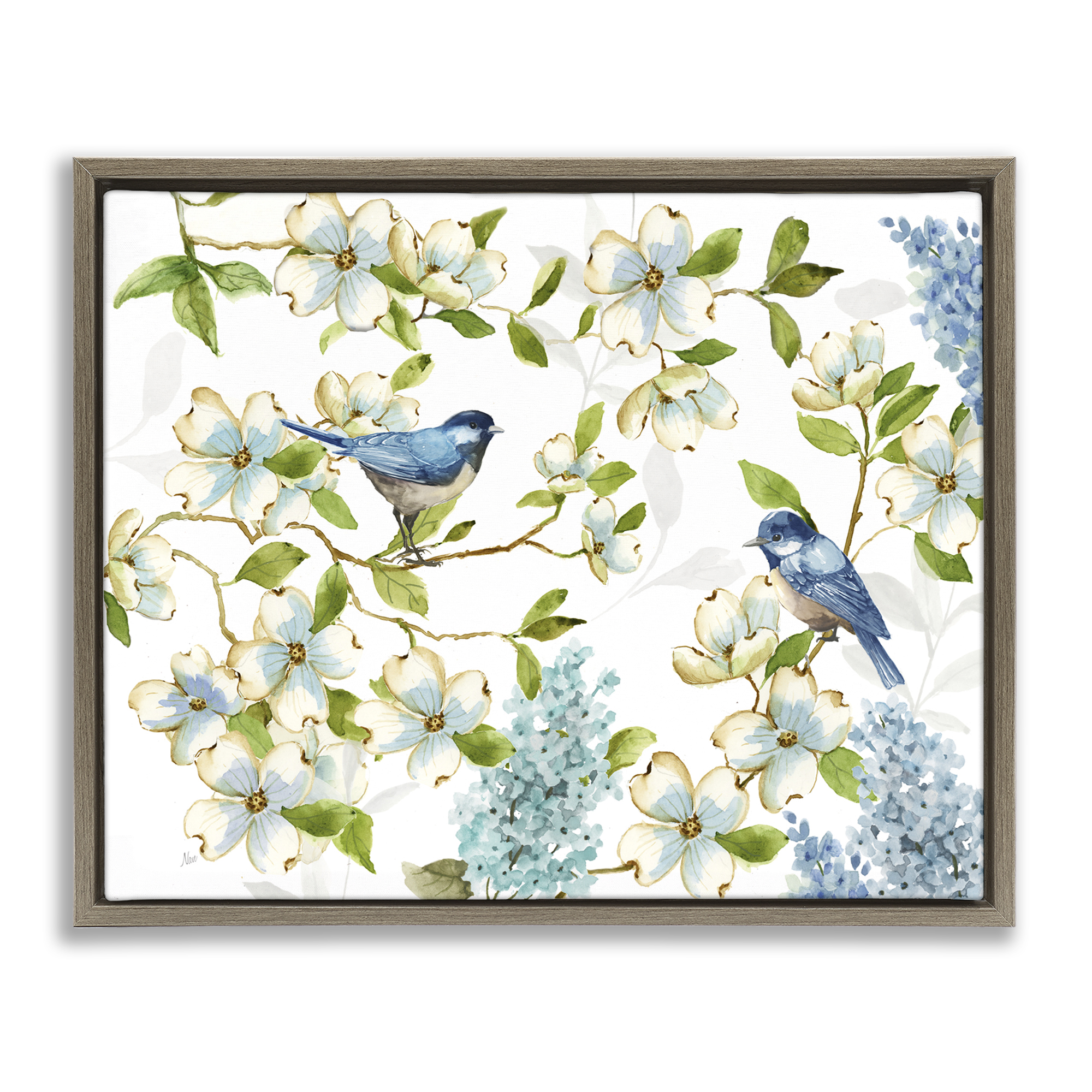 Stupell Industries Dogwood & Bluebirds Plants & Flowers Painting Brown Floater Framed Canvas Art Print Wall Art, 31 x 25