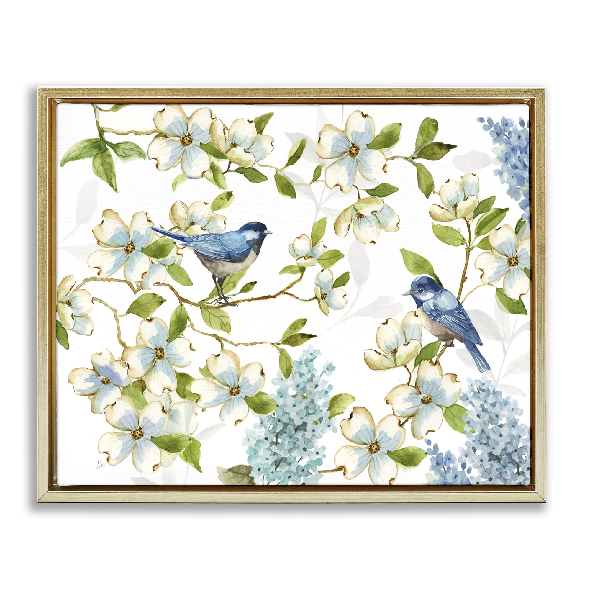Stupell Industries Dogwood & Bluebirds Plants & Flowers Painting Gold Floater Framed Canvas Art Print Wall Art, 21 x 17