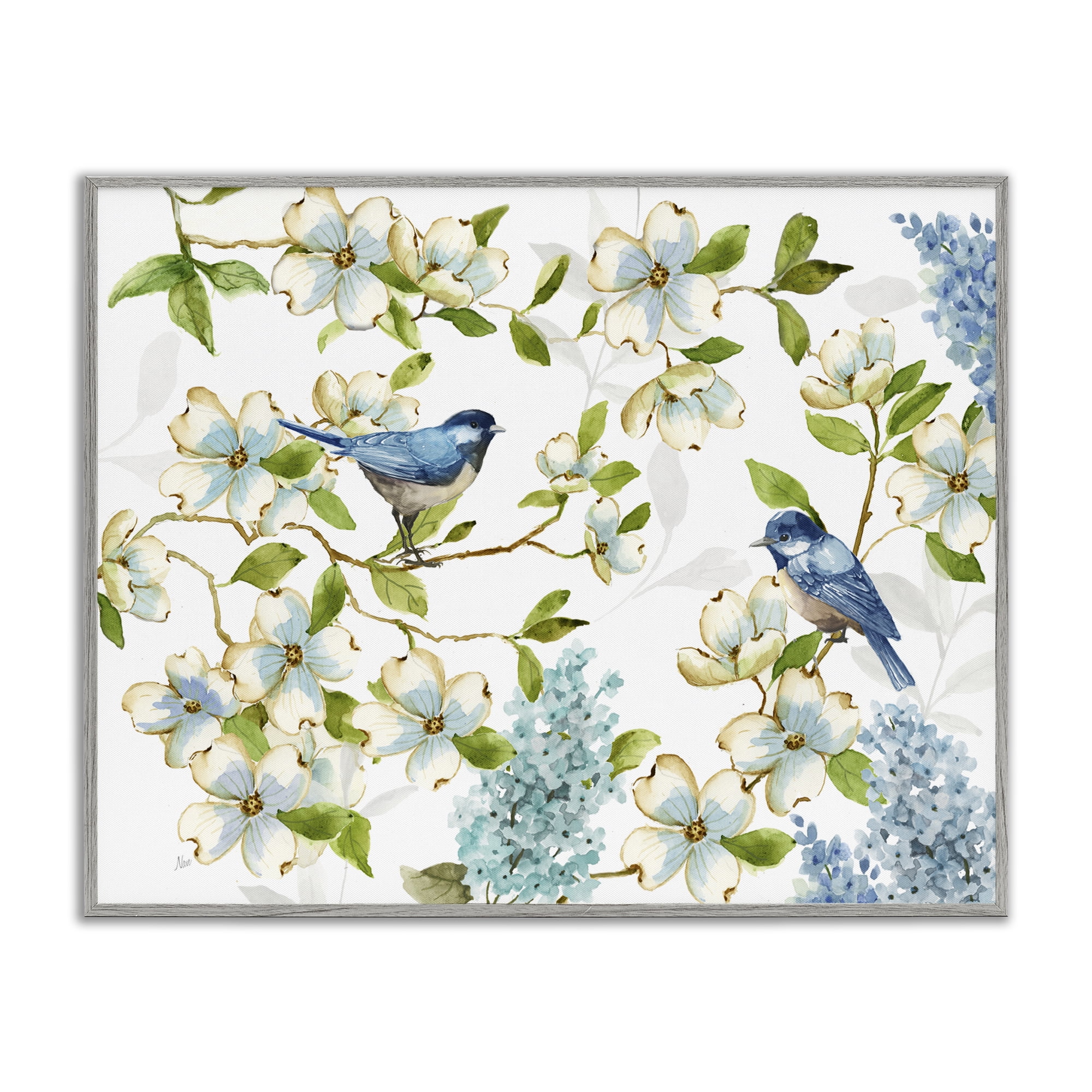 Stupell Industries Dogwood & Bluebirds Plants & Flowers Painting Gray Framed Art Print Wall Art, 20 x 16