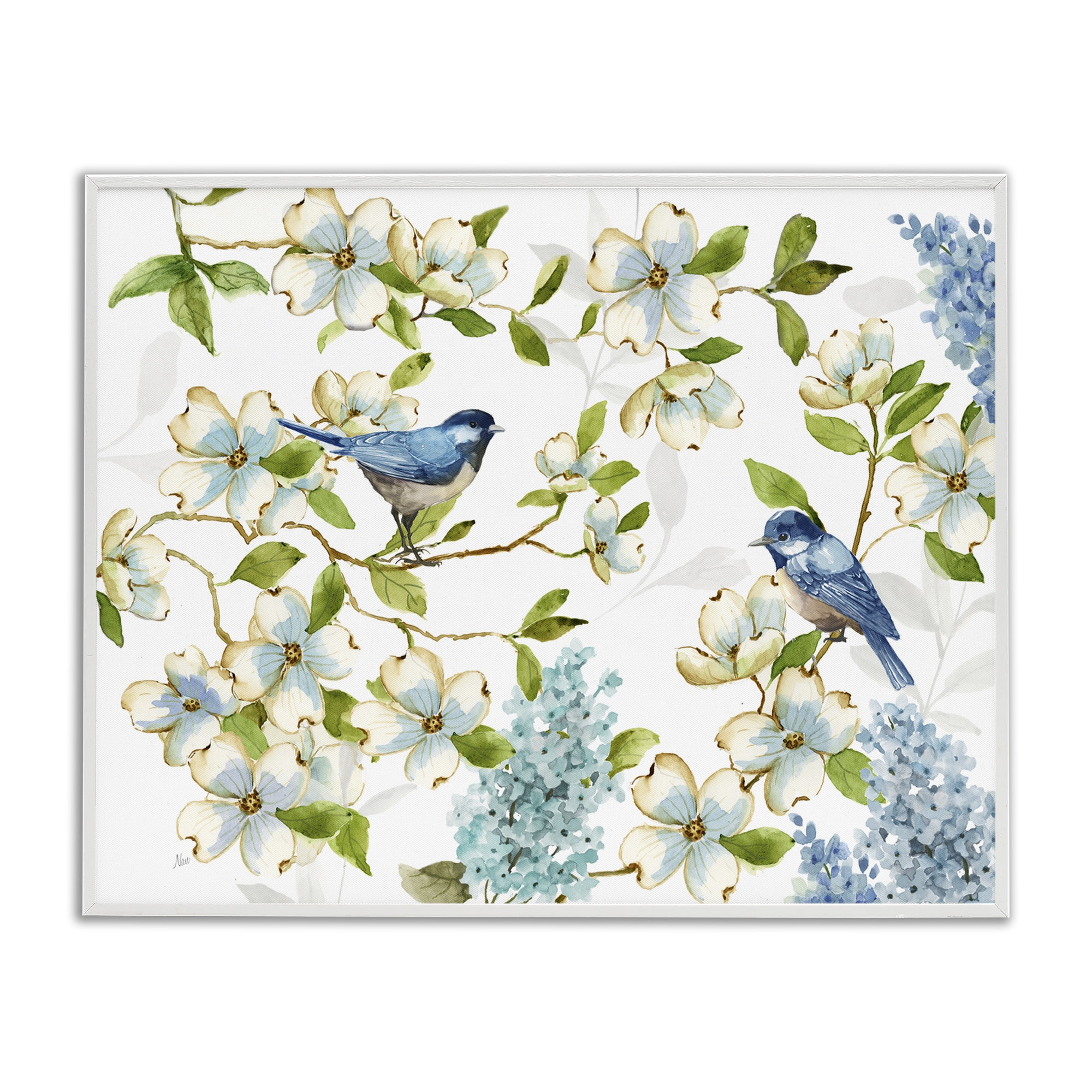 Stupell Industries Dogwood & Bluebirds Plants & Flowers Painting White Framed Art Print Wall Art, 30 x 24