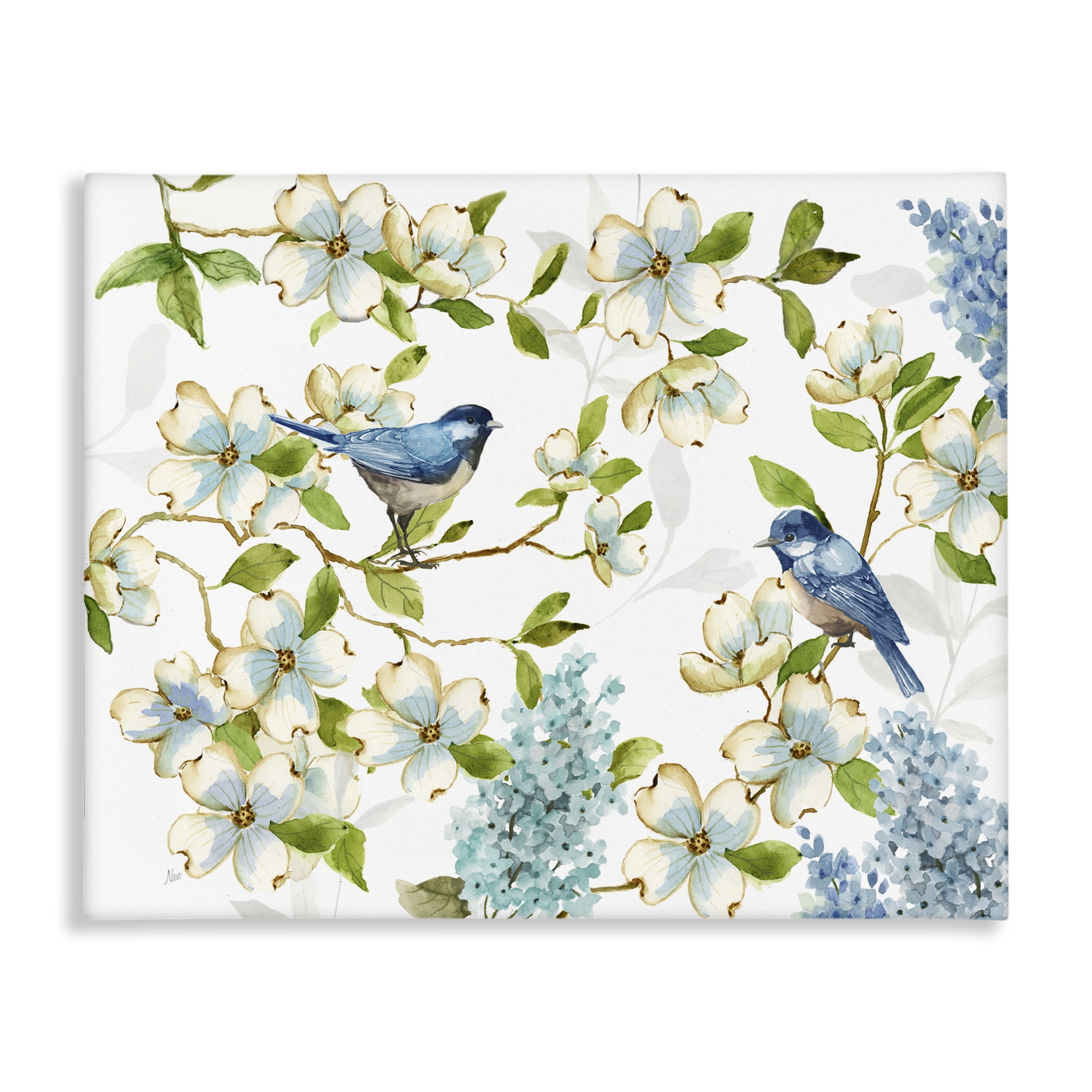 Stupell Industries Dogwood & Bluebirds Plants & Flowers Painting Wrapped Canvas Art Print Wall Art, 40 x 30