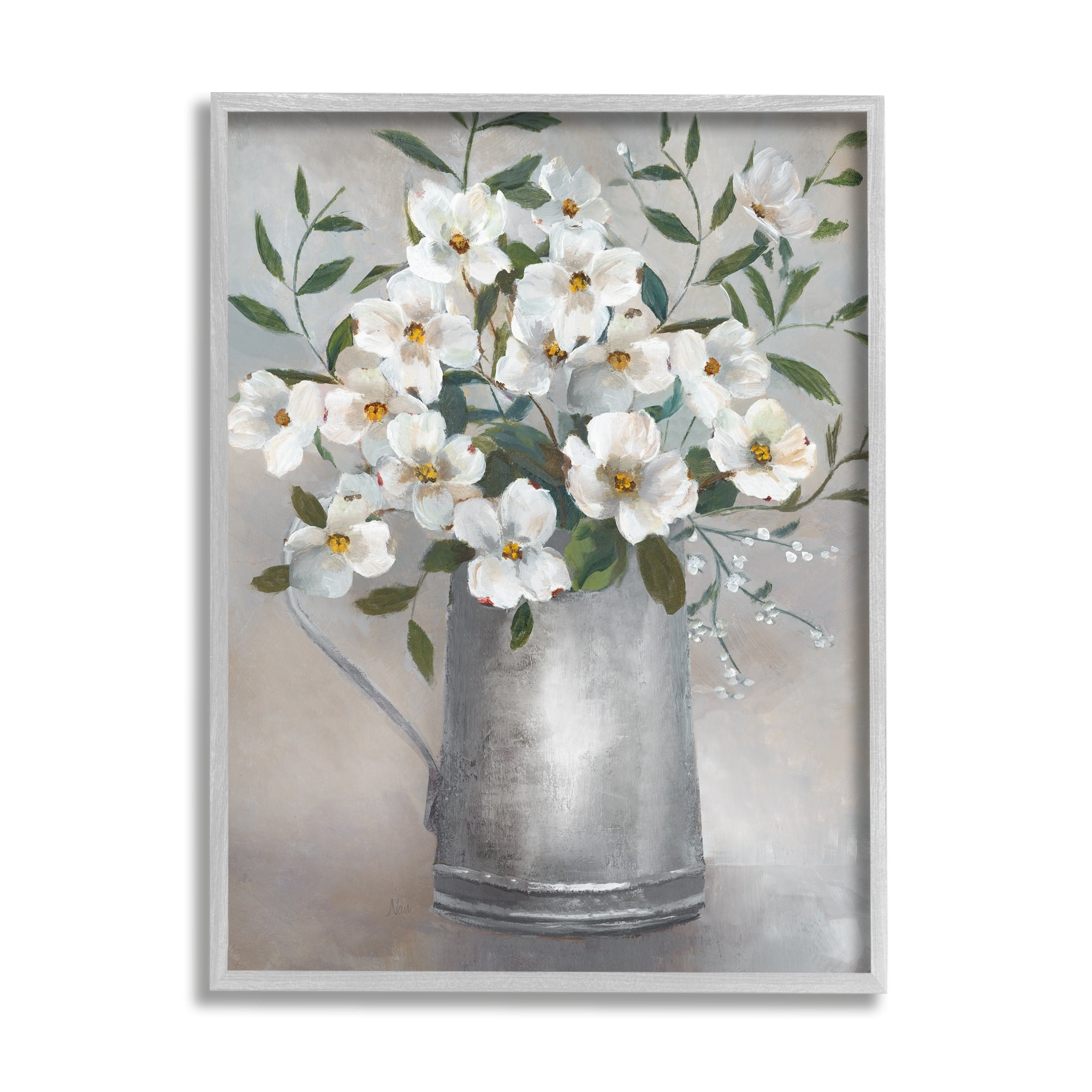 Stupell Industries Dogwood Flower Bouquet Country Can Botanical & Floral Painting Gray Framed Art Print Wall Art
