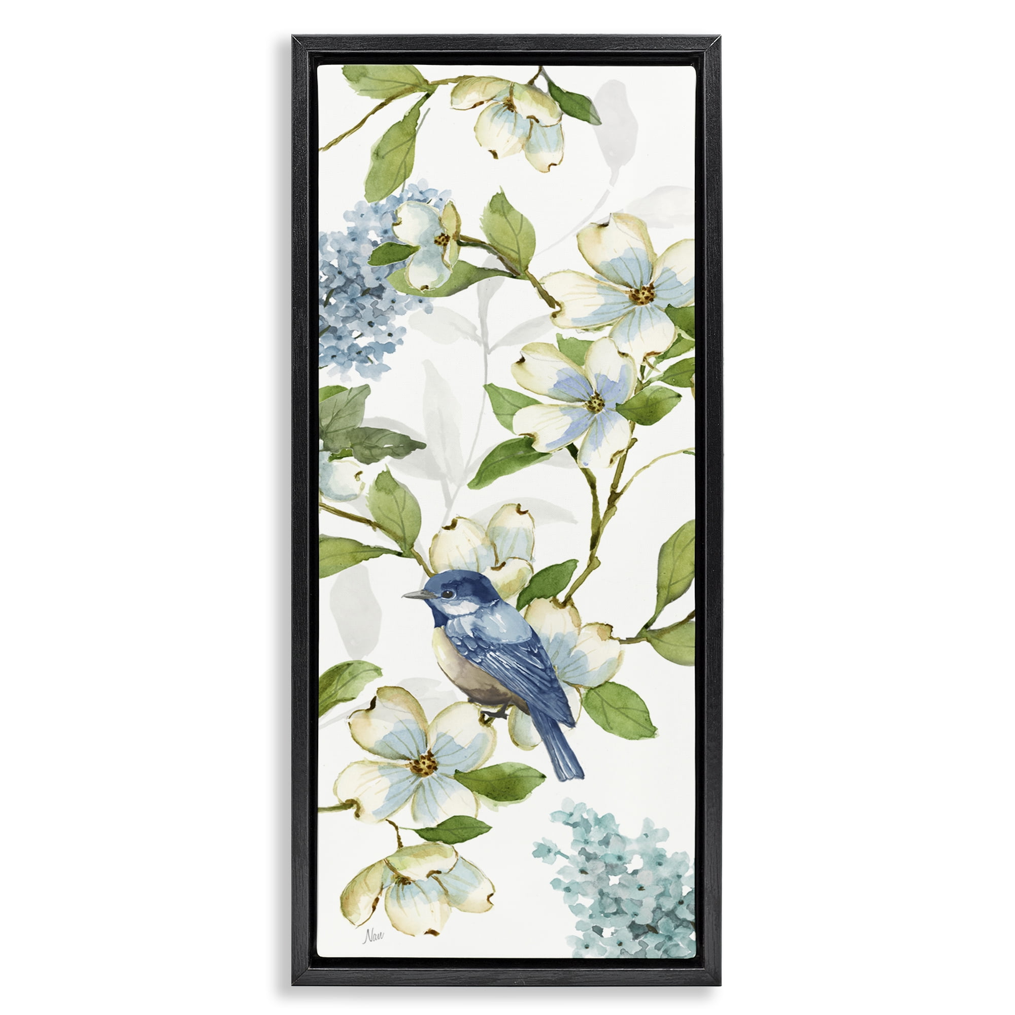 Stupell Industries Dogwood Flowers & Bird Plants & Flowers Painting Black Floater Framed Canvas Art Print Wall Art, 14 x 31