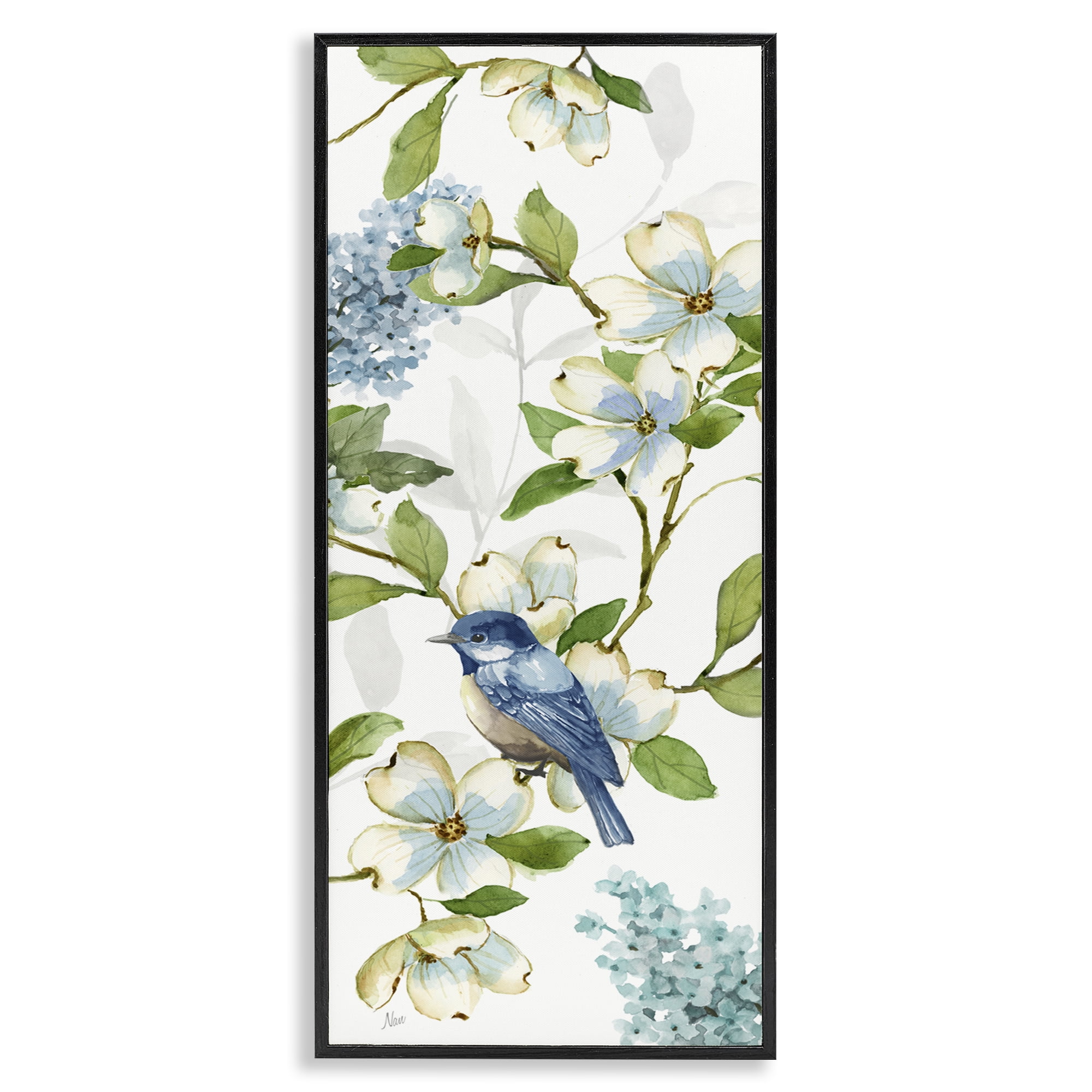 Stupell Industries Dogwood Flowers & Bird Plants & Flowers Painting Black Framed Art Print Wall Art, 13 x 30