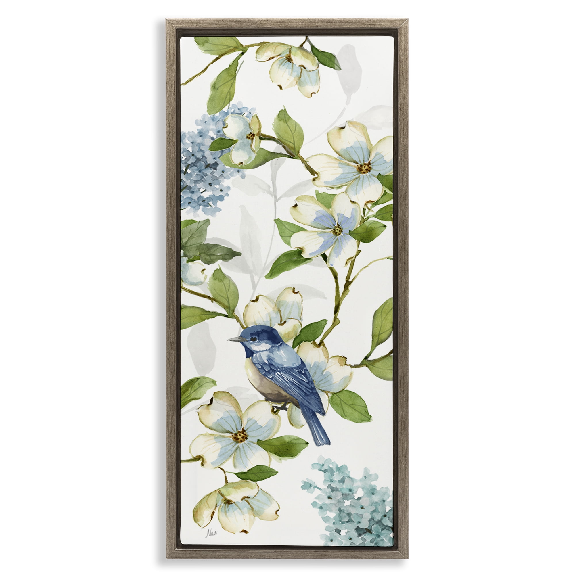 Stupell Industries Dogwood Flowers & Bird Plants & Flowers Painting Brown Floater Framed Canvas Art Print Wall Art, 11 x 25