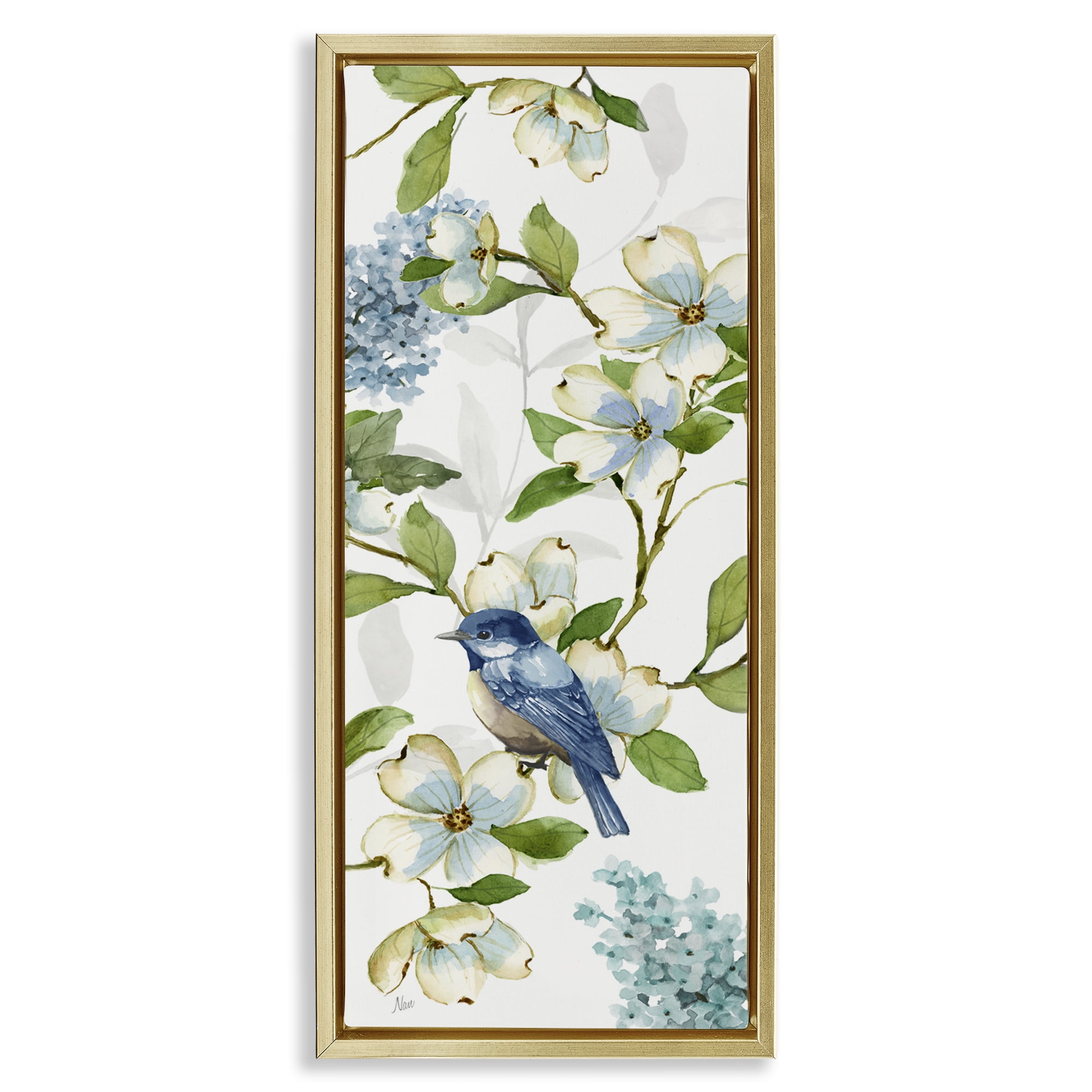 Stupell Industries Dogwood Flowers & Bird Plants & Flowers Painting Gold Floater Framed Canvas Art Print Wall Art, 14 x 31