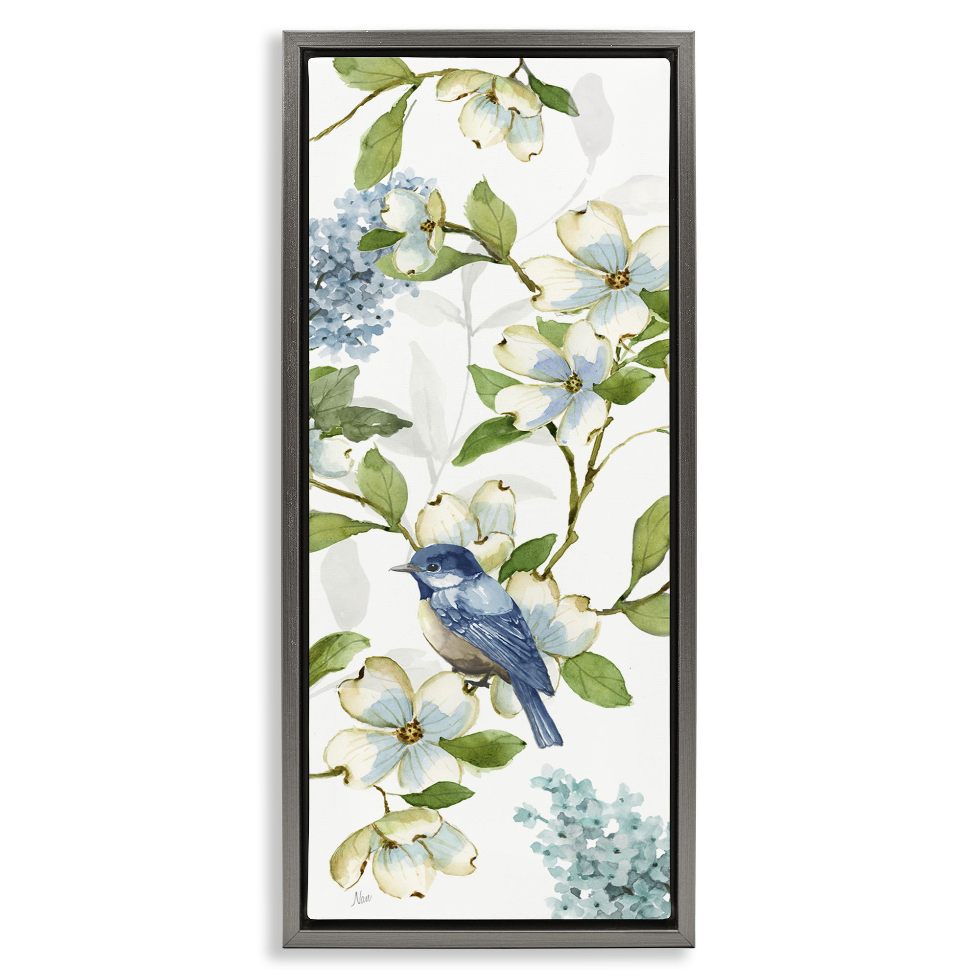 Stupell Industries Dogwood Flowers & Bird Plants & Flowers Painting Gray Floater Framed Canvas Art Print Wall Art, 11 x 25