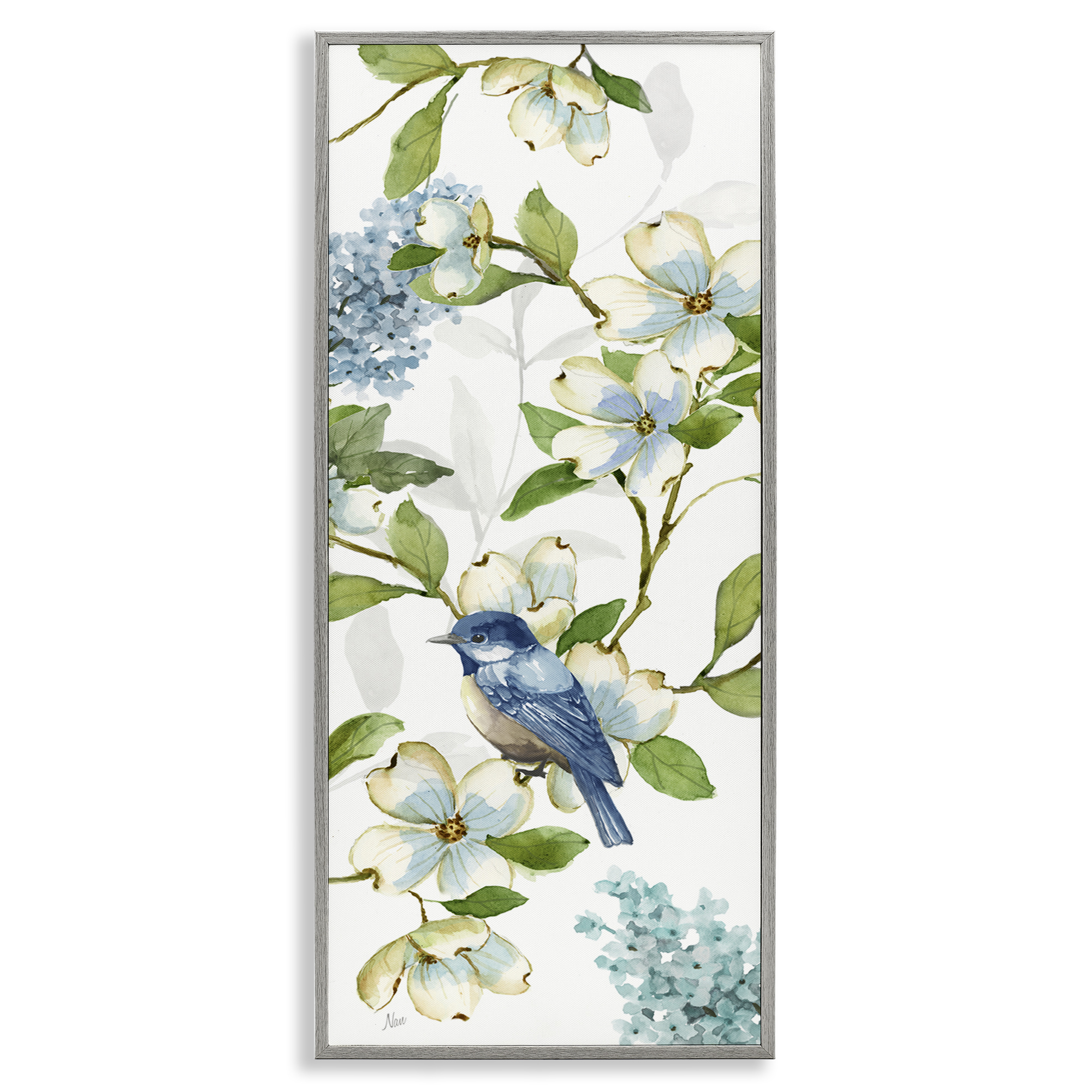Stupell Industries Dogwood Flowers & Bird Plants & Flowers Painting Gray Framed Art Print Wall Art, 13 x 30
