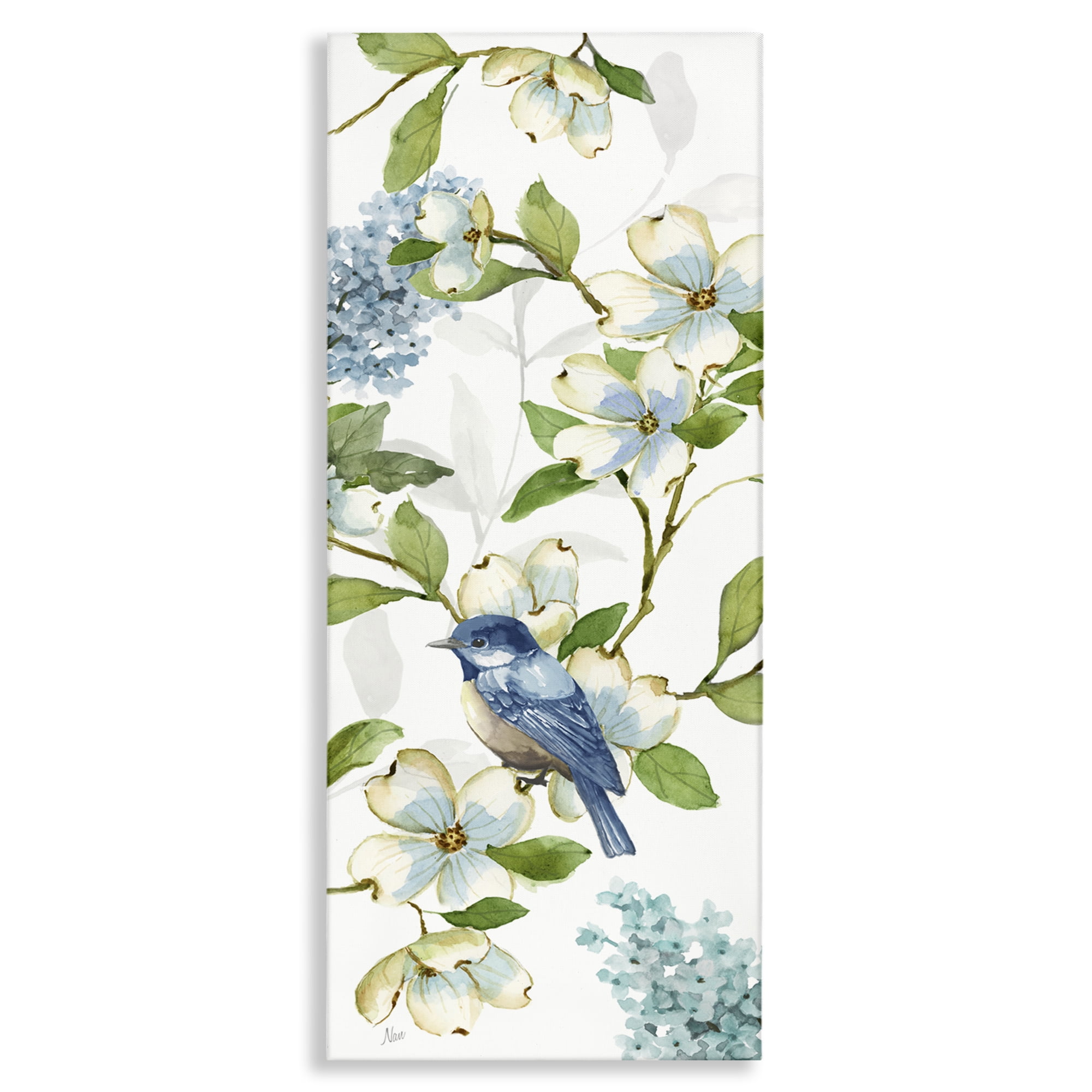 Stupell Industries Dogwood Flowers & Bird Plants & Flowers Painting Wrapped Canvas Art Print Wall Art, 17 x 40