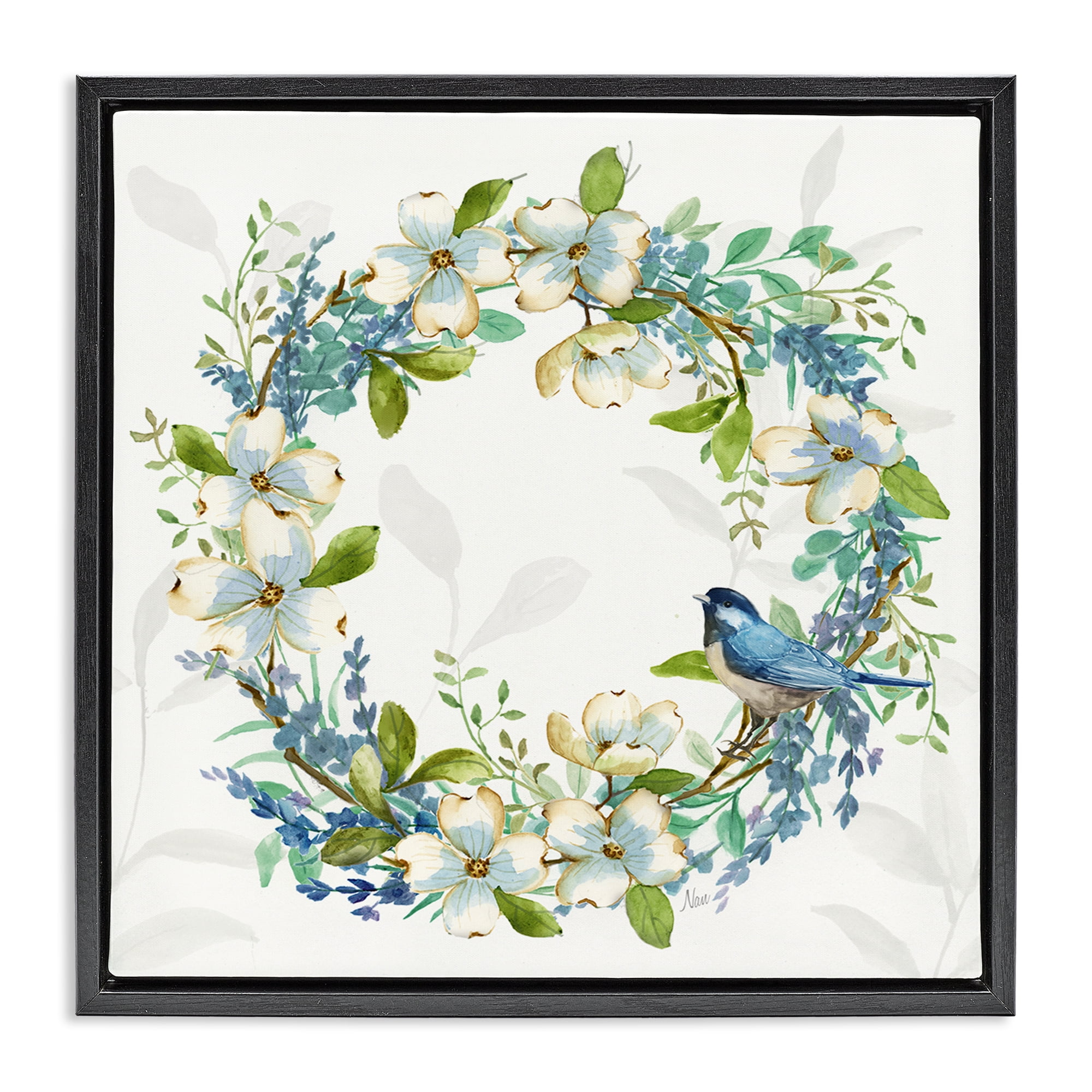 Stupell Industries Dogwood Wreath & Bluebirds Plants & Flowers Painting Black Floater Framed Canvas Art Print Wall Art, 25 x 25