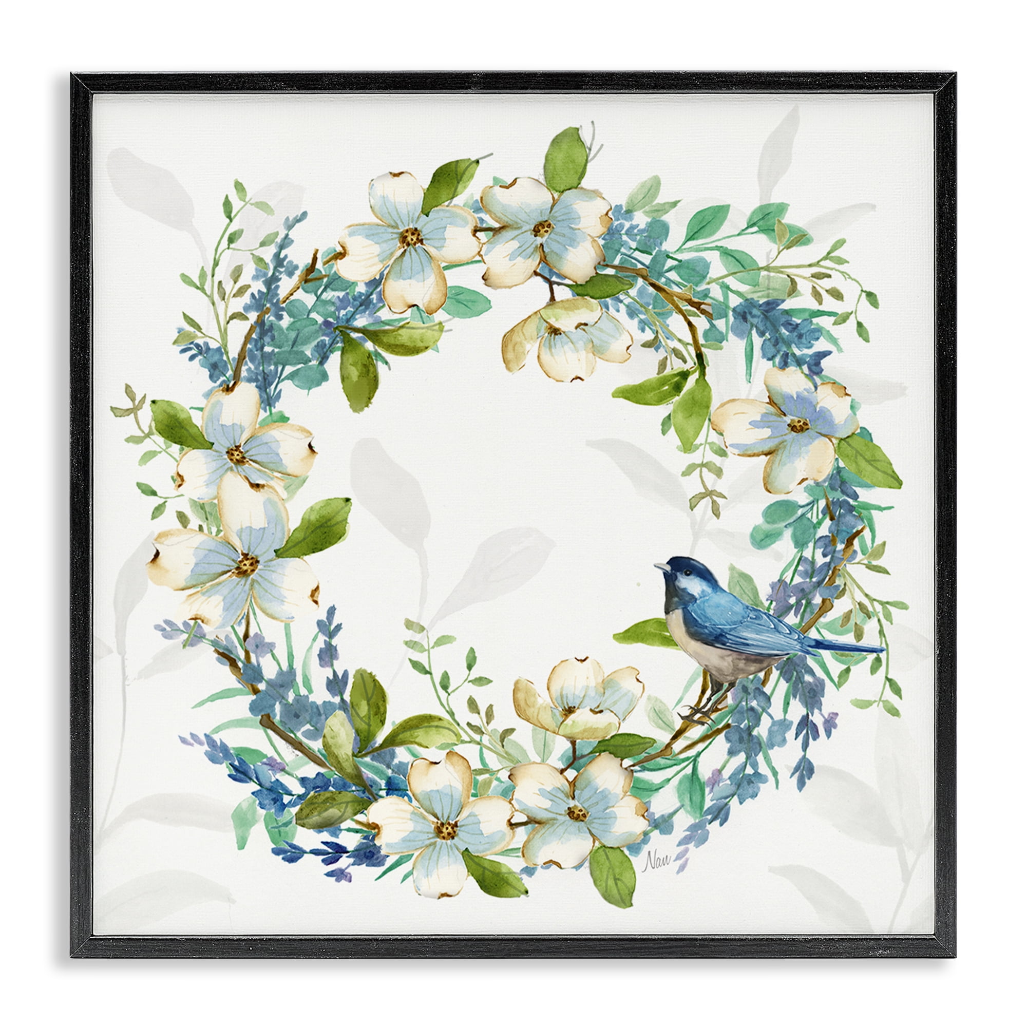Stupell Industries Dogwood Wreath & Bluebirds Plants & Flowers Painting Black Framed Art Print Wall Art, 12 x 12