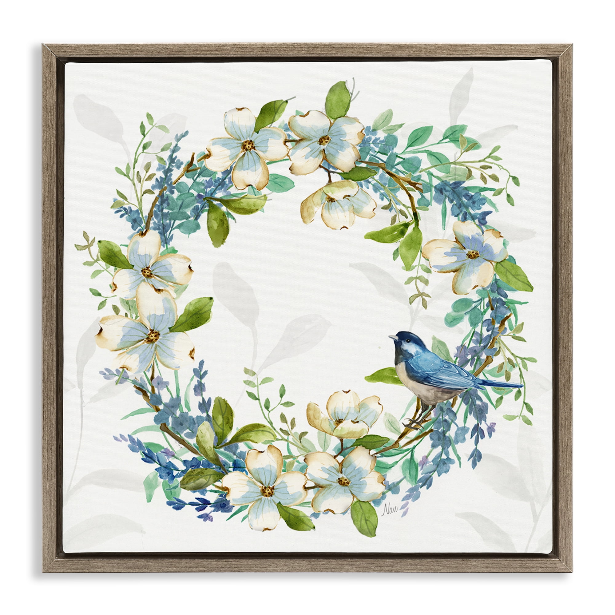 Stupell Industries Dogwood Wreath & Bluebirds Plants & Flowers Painting Brown Floater Framed Canvas Art Print Wall Art, 18 x 18