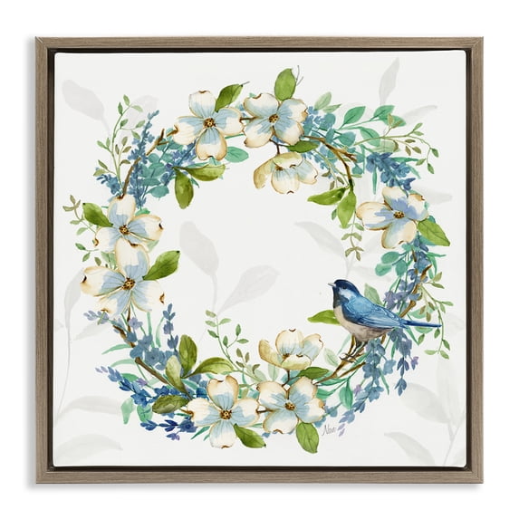 Stupell Industries Dogwood Wreath & Bluebirds Plants & Flowers Painting Brown Floater Framed Canvas Art Print Wall Art, 25 x 25
