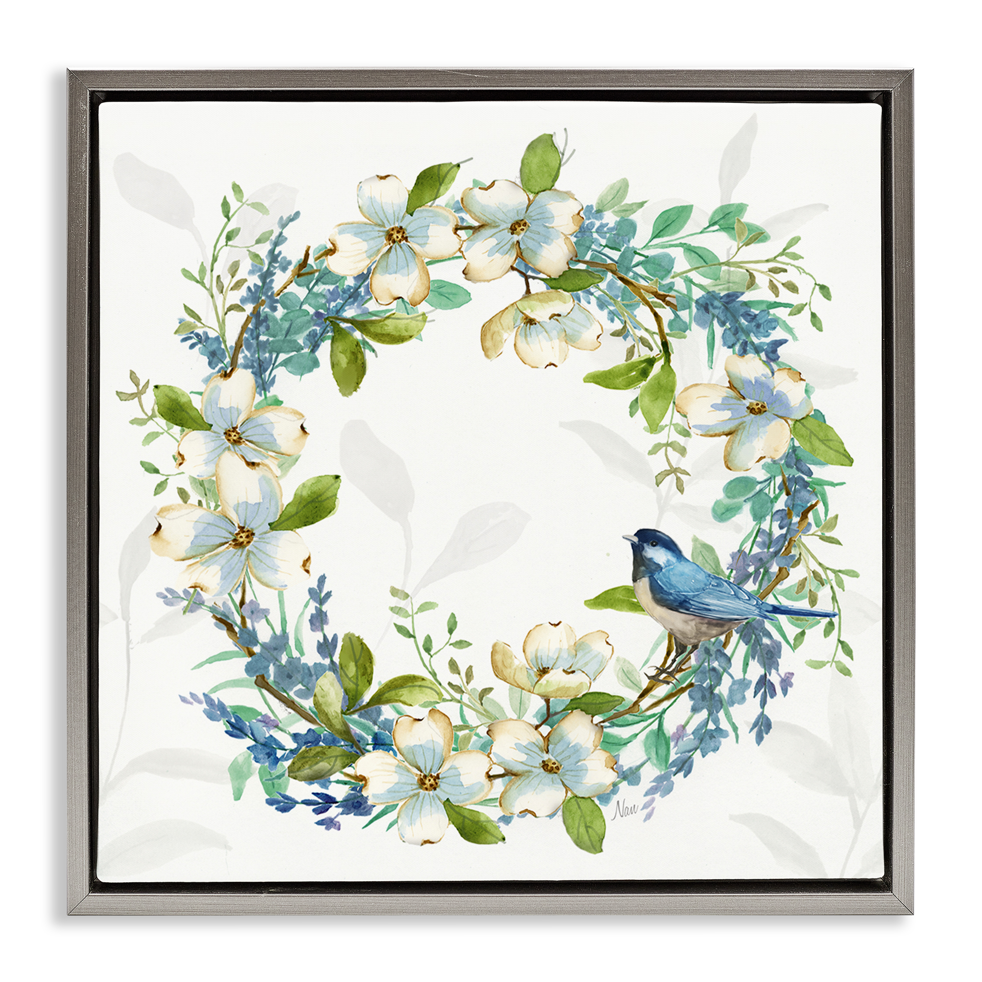 Stupell Industries Dogwood Wreath & Bluebirds Plants & Flowers Painting Gray Floater Framed Canvas Art Print Wall Art, 18 x 18