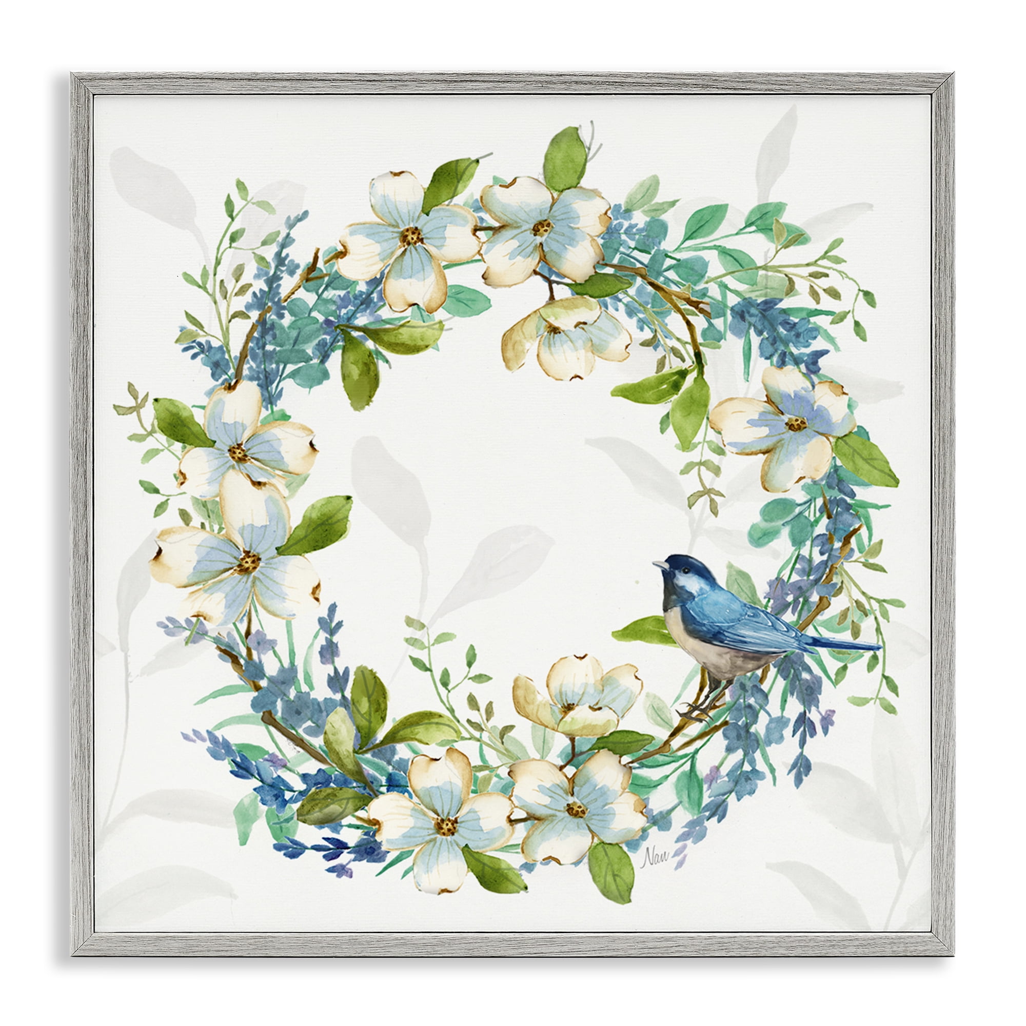 Stupell Industries Dogwood Wreath & Bluebirds Plants & Flowers Painting Gray Framed Art Print Wall Art, 24 x 24