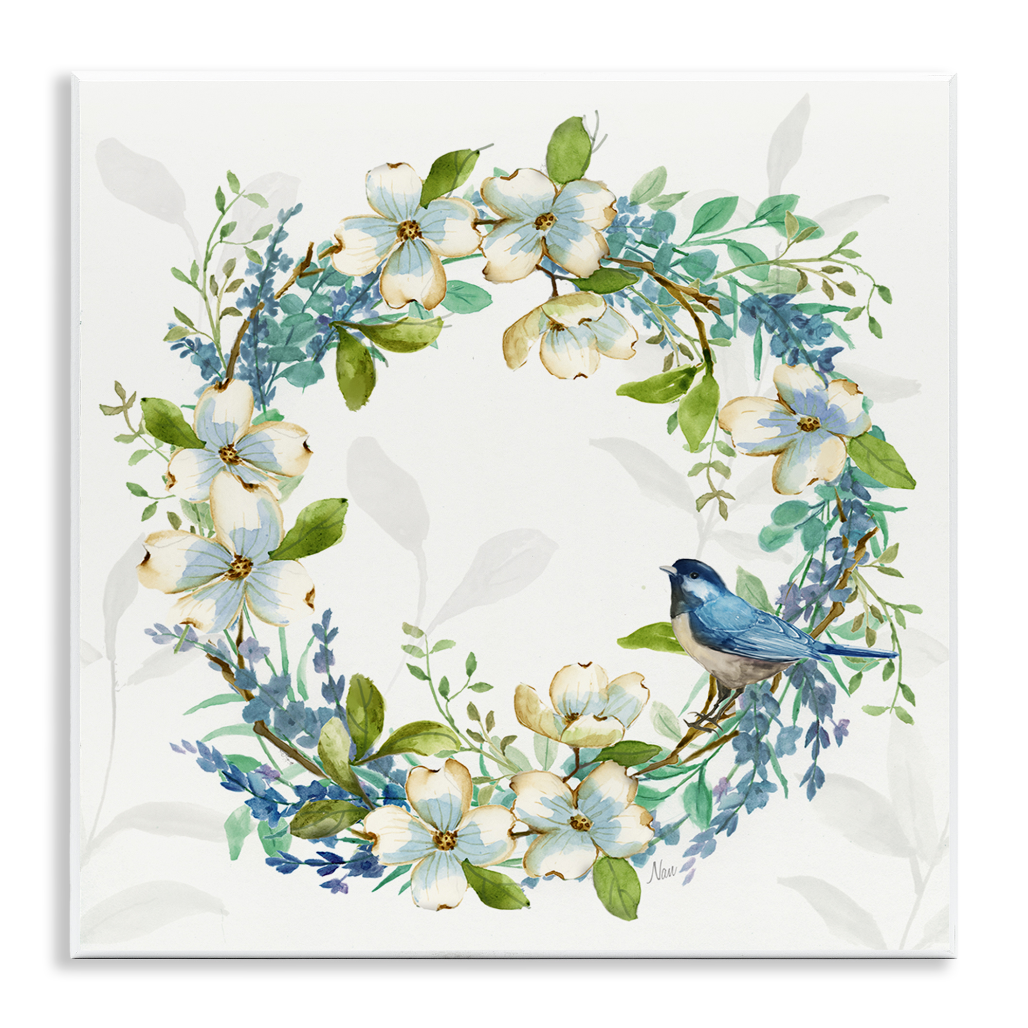 Stupell Industries Dogwood Wreath & Bluebirds Plants & Flowers Painting Unframed Art Print Wall Art, 12 x 12